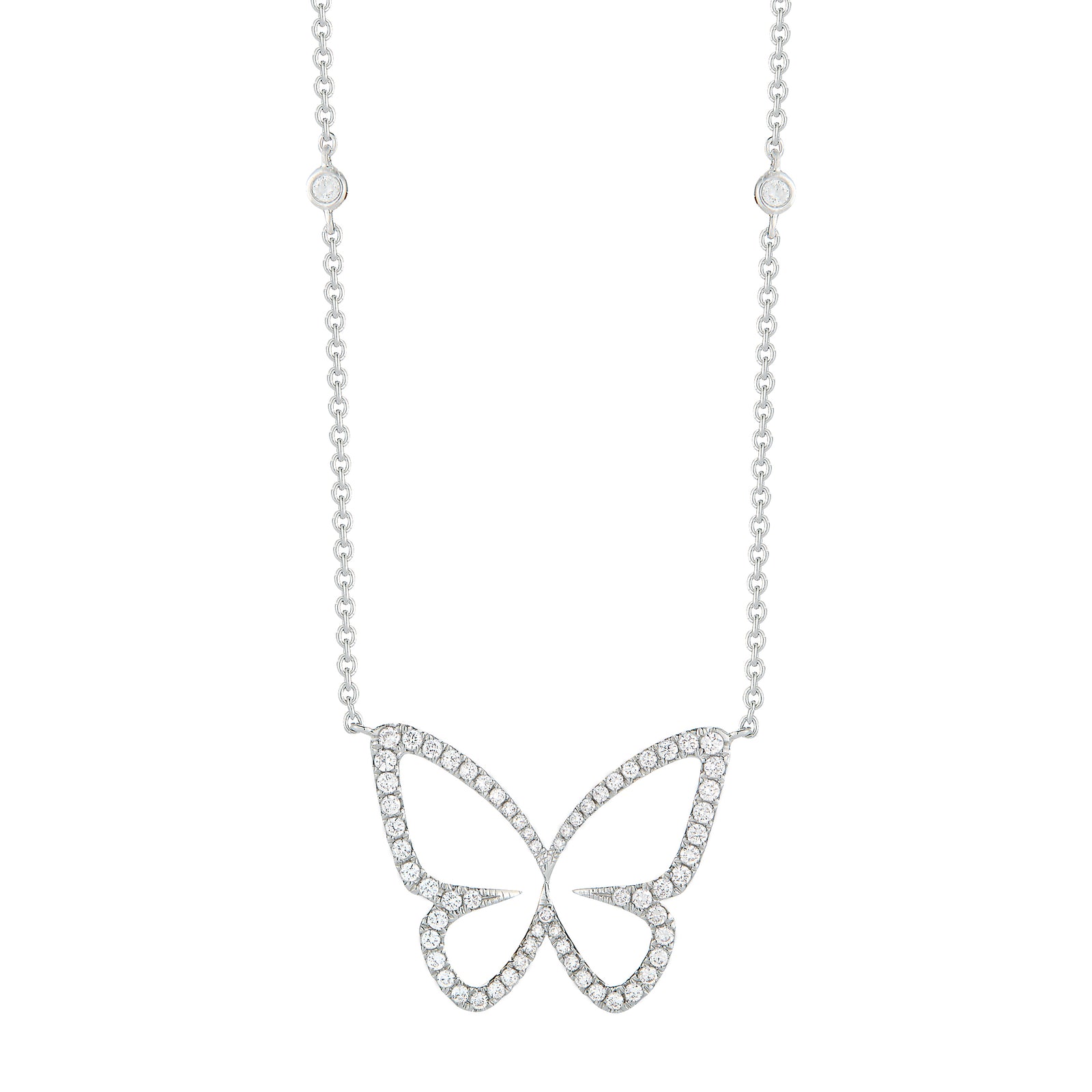Diamond Butterfly Cutout Pendant Necklace -18K yellow gold weighing 4.34 grams -67 round diamonds totaling 0.49 carats.