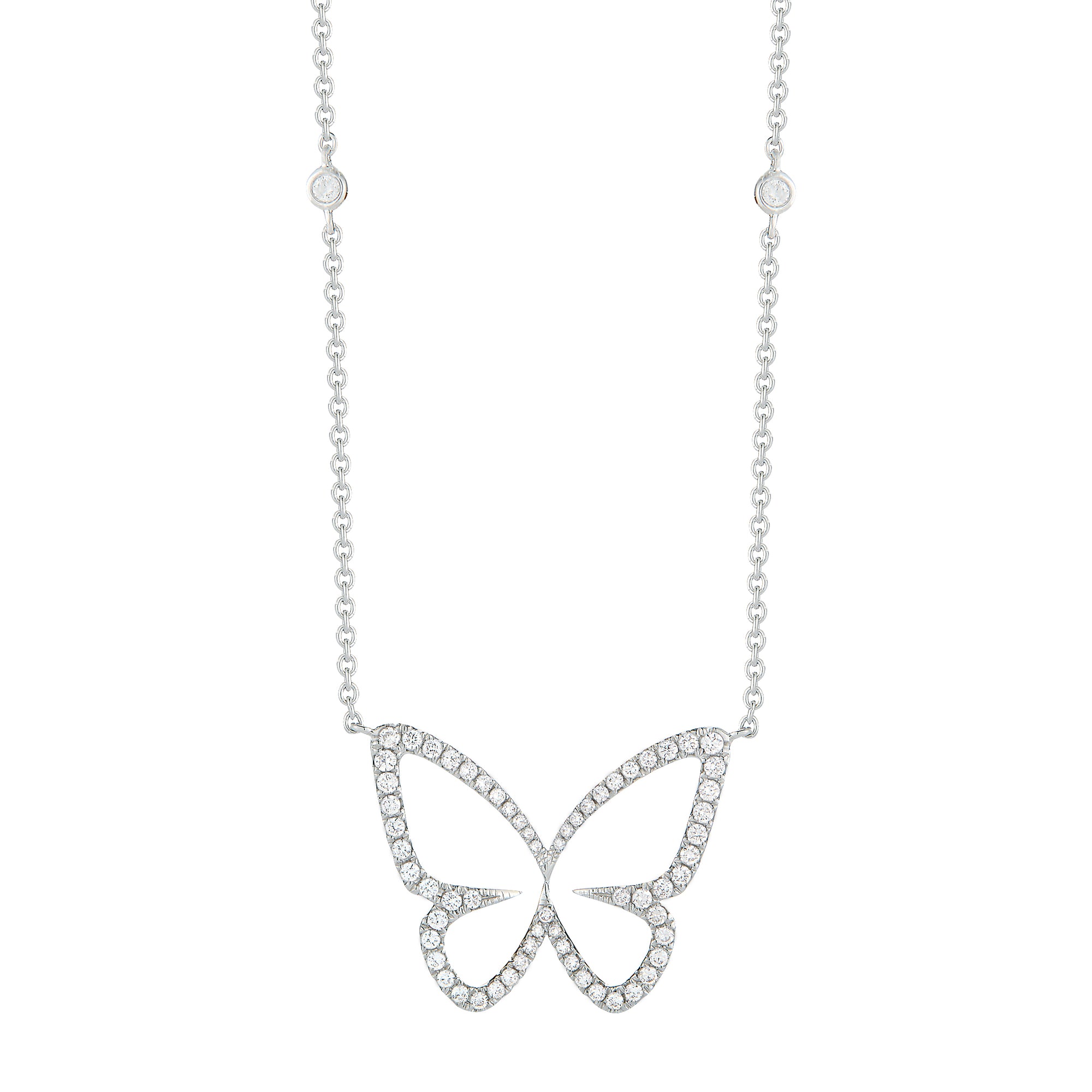 Diamond Butterfly Cutout Pendant Necklace -18K white gold weighing 4.34 grams -67 round diamonds totaling 0.49 carats.