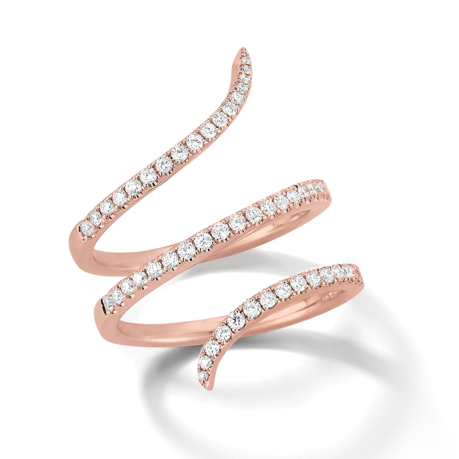 Diamond Triple Twist Ring  18k gold, 6.10 grams, 53 round shared prong-set diamonds .57 carats.