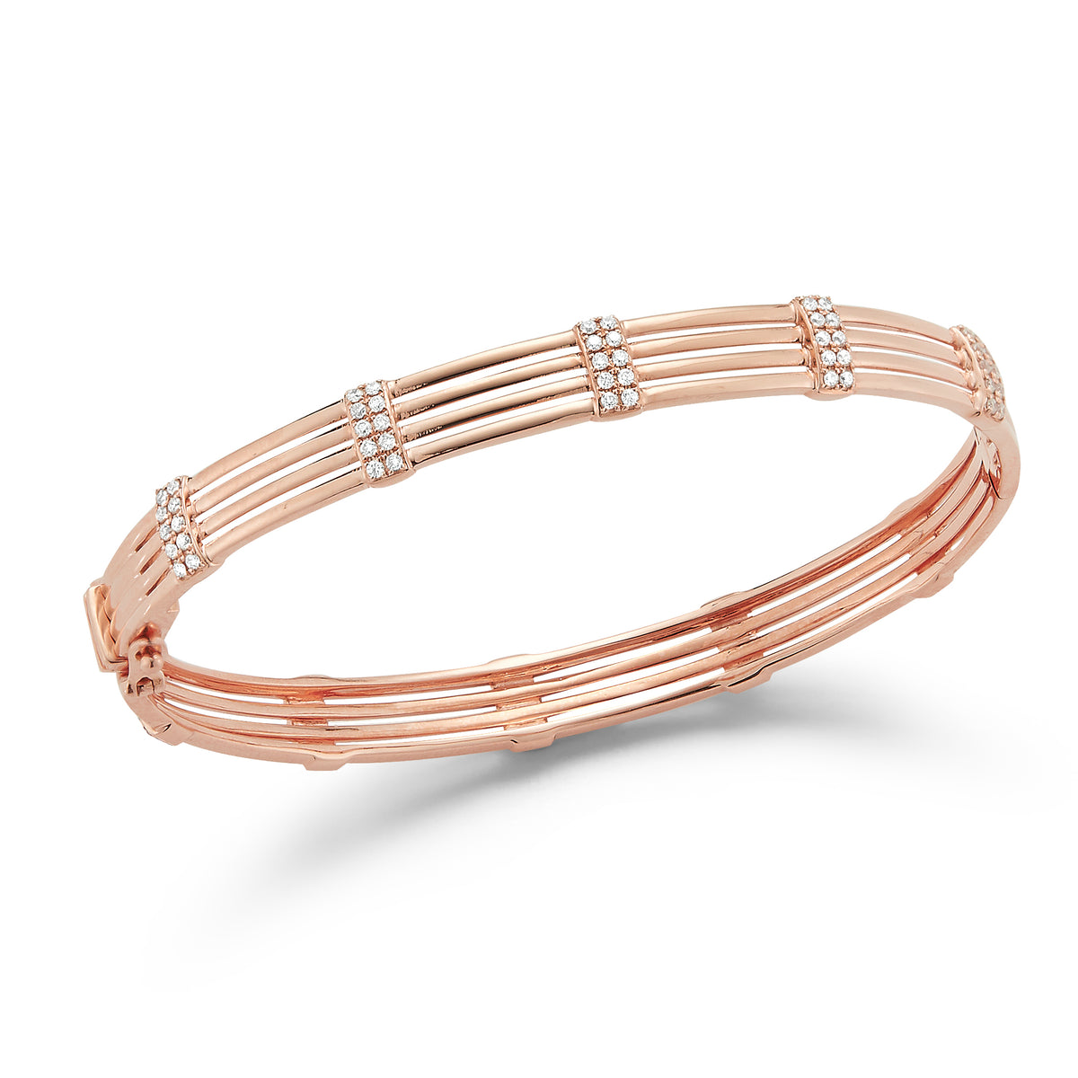 Diamond Multilayer Bangle Bracelet -14K rose gold weighing 12.42 grams -100 round prong set diamonds totaling 0.62 carats