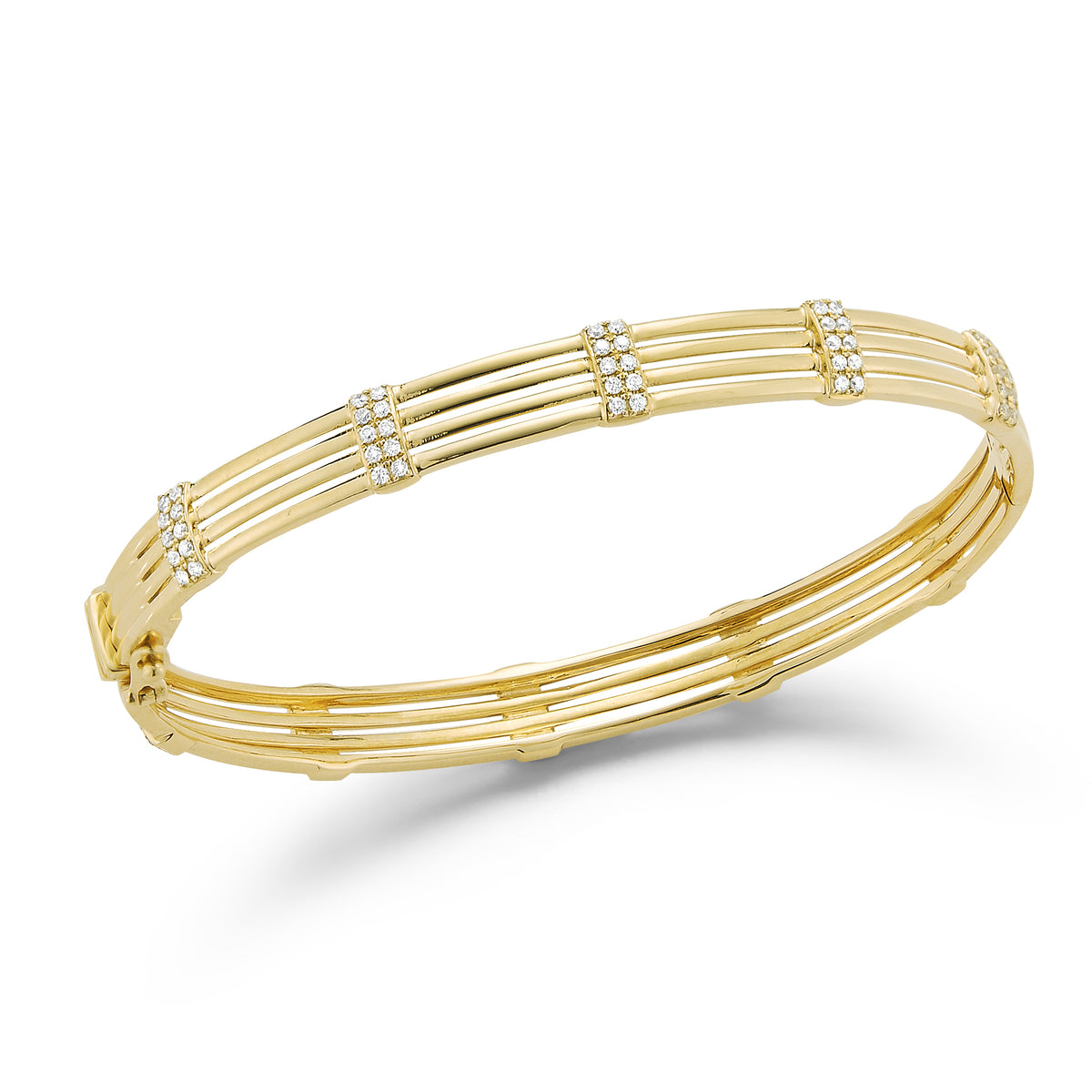 Diamond Multilayer Bangle Bracelet -14K yellow gold weighing 12.42 grams -100 round prong set diamonds totaling 0.62 carats