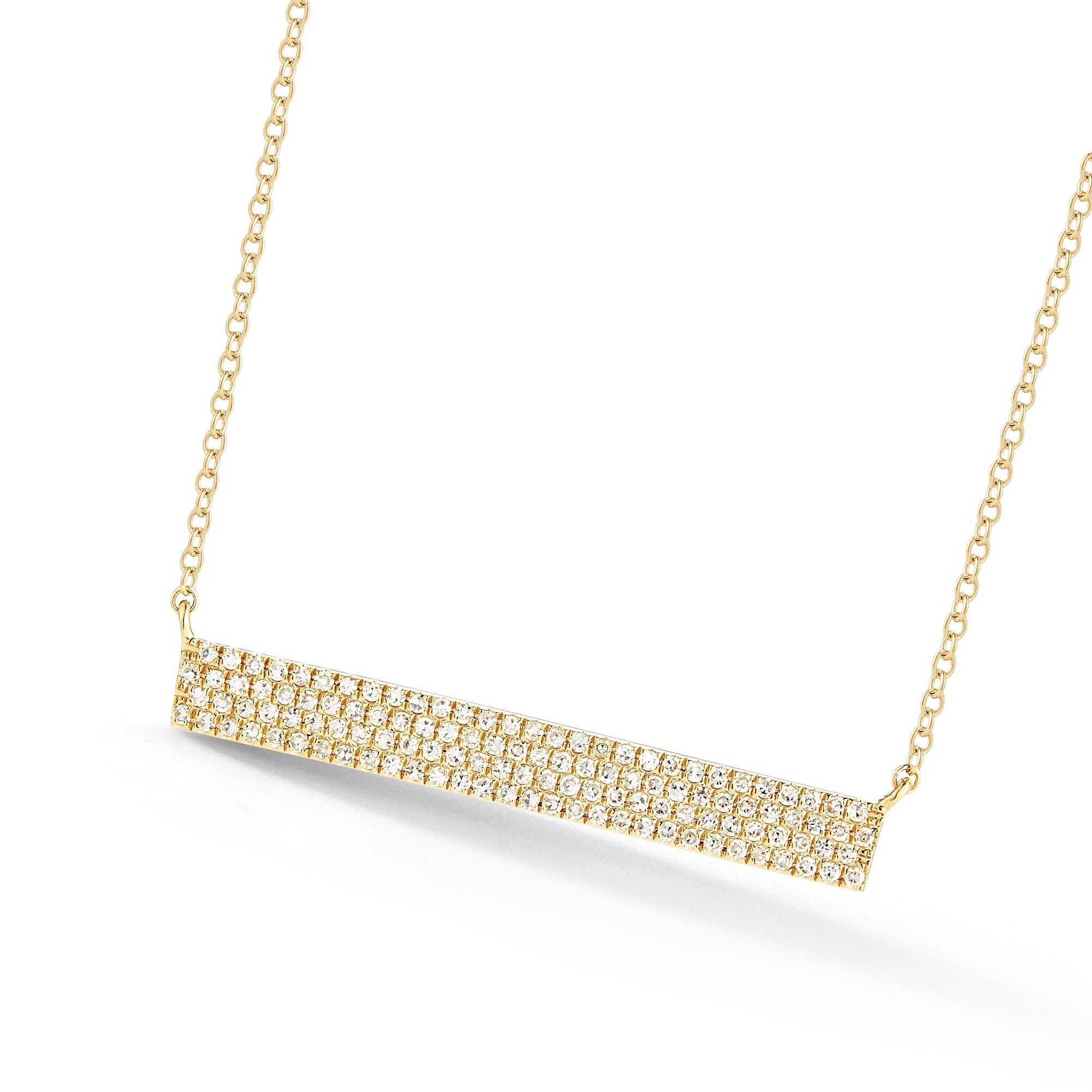 Pave Diamond Bar Necklace  -14K yellow gold weighing 2.22 grams  -118 round pave-set diamonds totaling 0.27 carats.