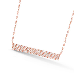 Pave Diamond Bar Necklace  -14K rose gold weighing 2.22 grams  -118 round pave-set diamonds totaling 0.27 carats.