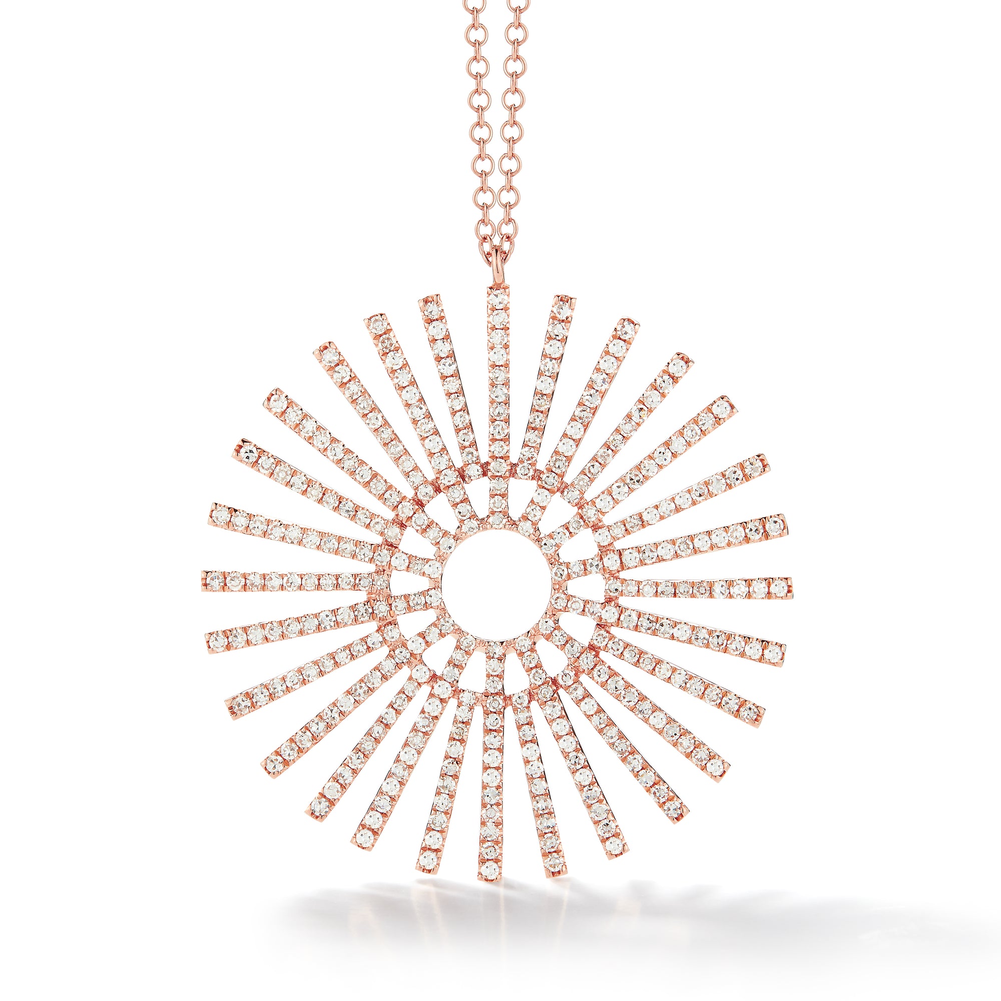 Diamond Full Sunburst Pendant Necklace  -14K gold weighing 5.01 grams  -322 round pave- set diamonds totaling 0.87 carats.