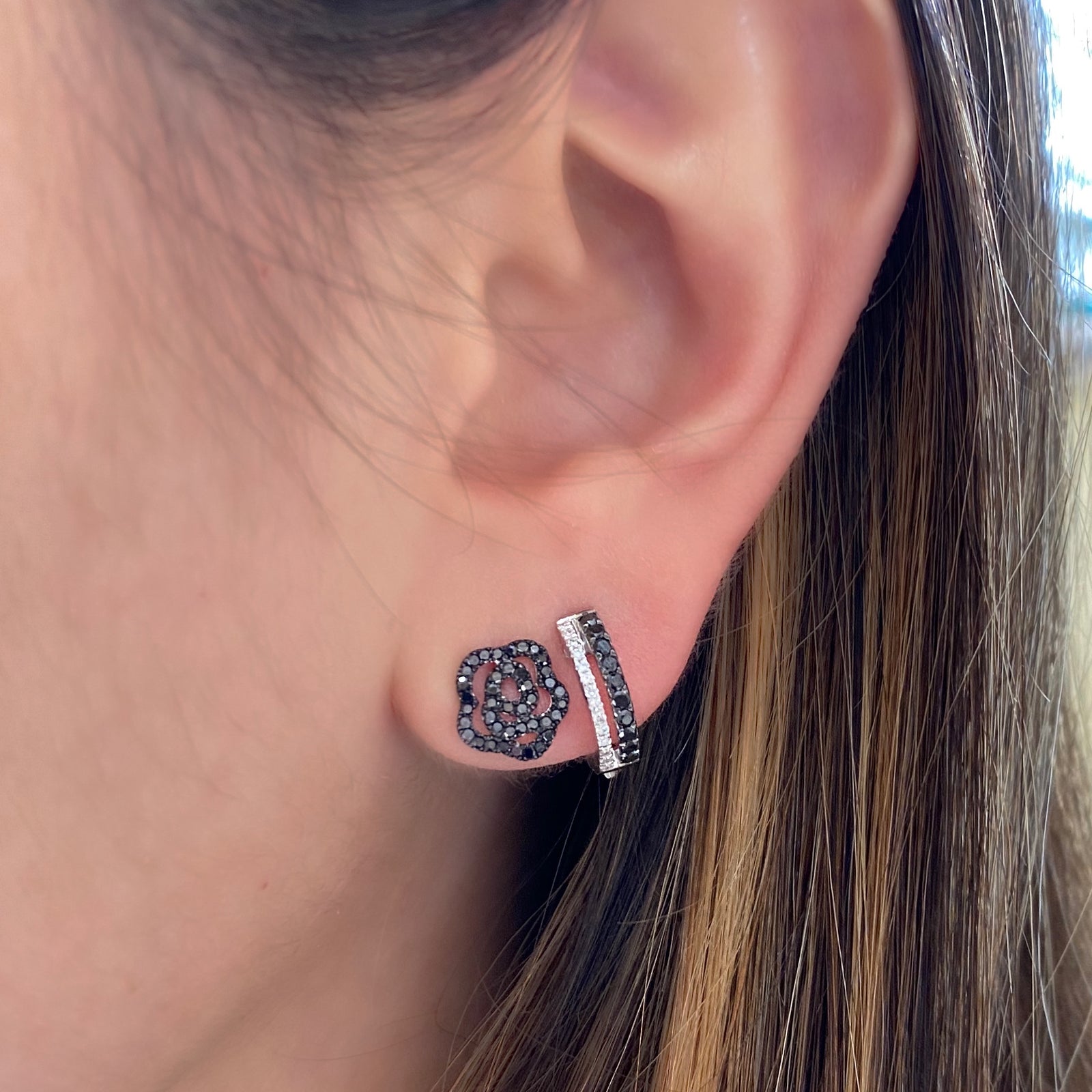 Black Diamond Rose Stud Earrings - 14K gold weighing 1.01 grams -80 black diamonds totaling 0.27 carats