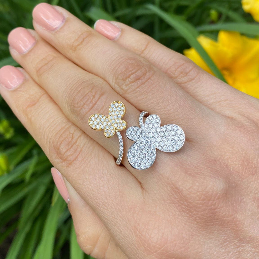 Two-tone Diamond Butterfly Ring  18k gold, 4.67 grams, 140 round pave-set diamonds 1.30 carats.