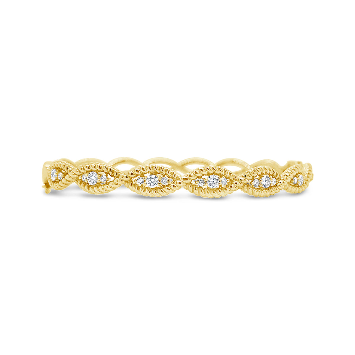 Diamond Twisted Rope Bangle Bracelet  -18K gold weighing 19.45 grams  -21 round diamonds totaling 0.57 carats