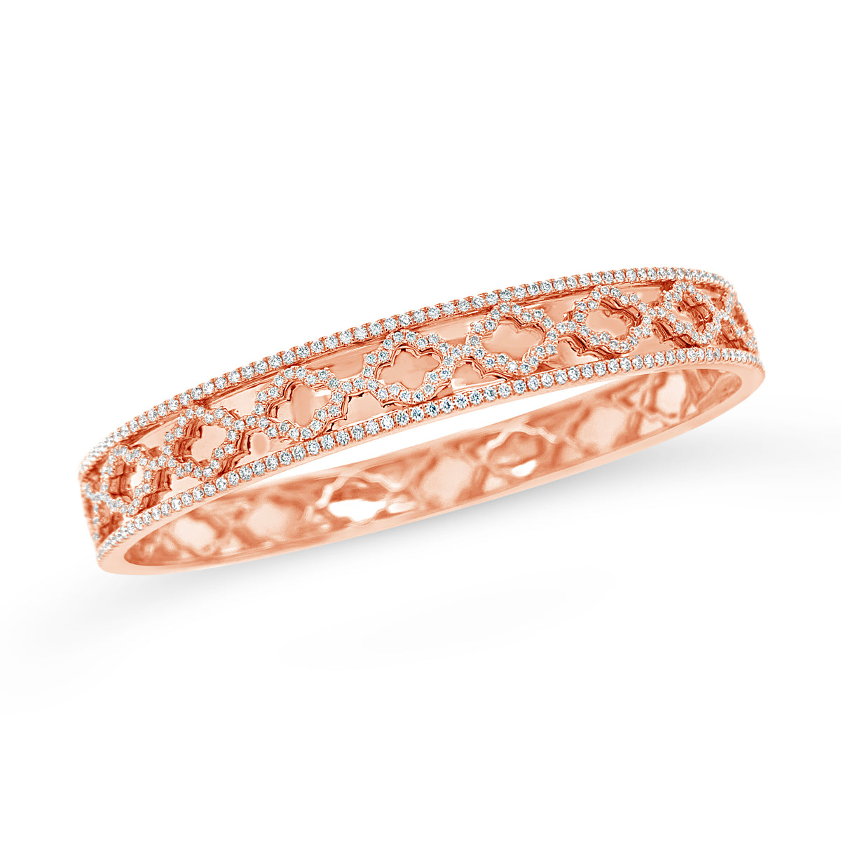 Diamond Quatrefoil Bangle -14K rose gold weighing 24.16 grams -350 round diamonds totaling 1.10 carats