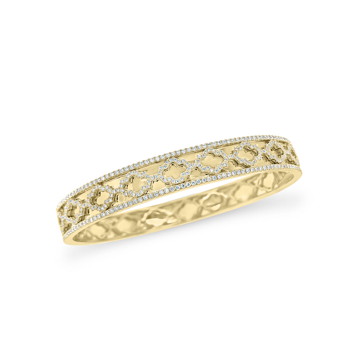 Diamond Quatrefoil Bangle -14K yellow gold weighing 24.16 grams -350 round diamonds totaling 1.10 carats