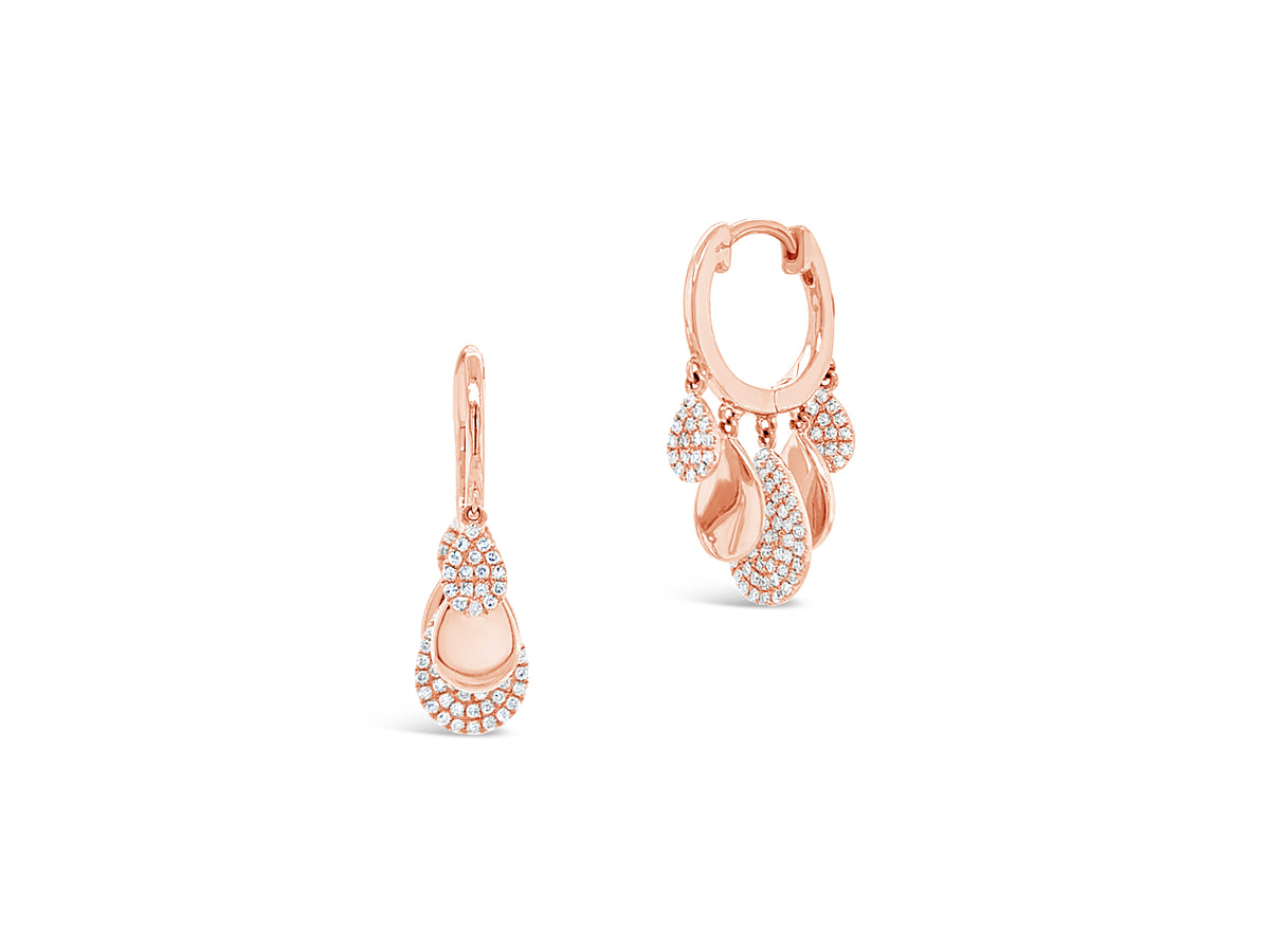 Gold huggies with diamond tear-drops -14k gold weighing 4.50 grams  -182 round diamonds weighing .41 carats