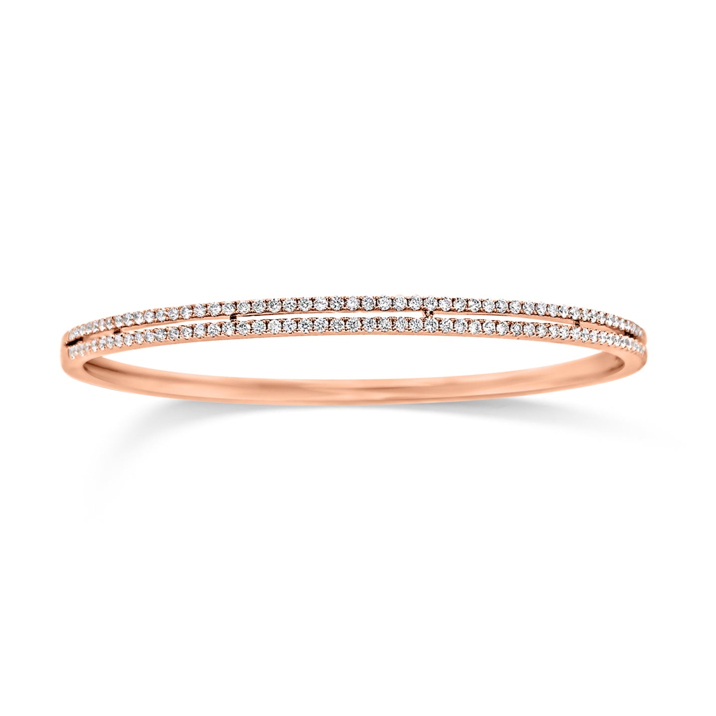 Diamond Double Row Bangle Bracelet - 18K rose gold weighting 11.70 grams. - 118 Round Diamonds totaling 0.96 carats.