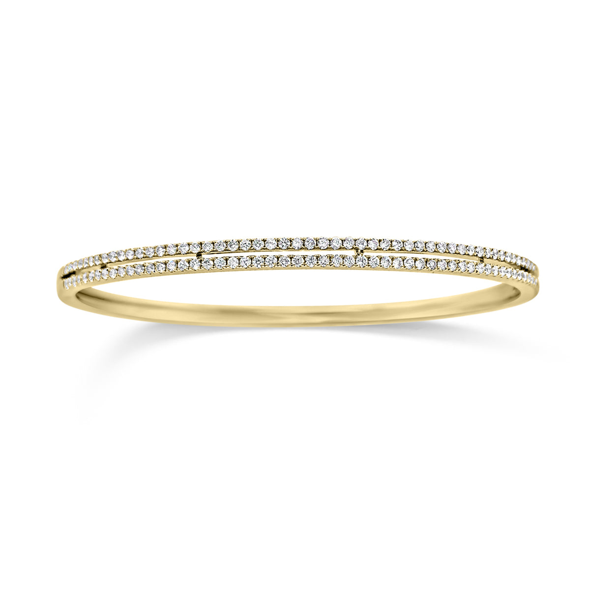 Diamond Double Row Bangle Bracelet - 18K yellow gold weighting 11.70 grams. - 118 Round Diamonds totaling 0.96 carats.