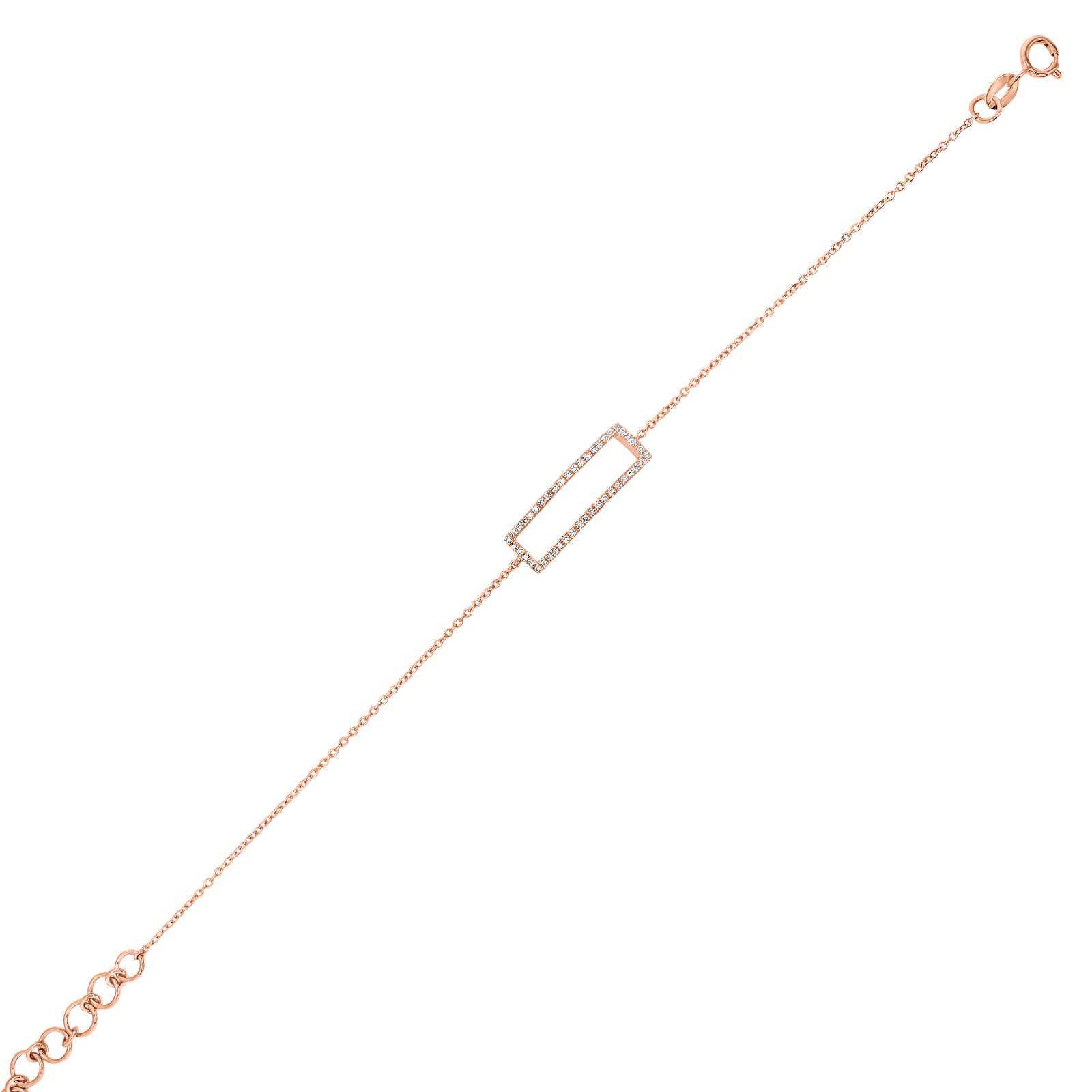 Diamond Open Rectangle Bracelet - 14K rose gold weighing 1.36 grams - 46 round diamonds totaling 0.11 carats