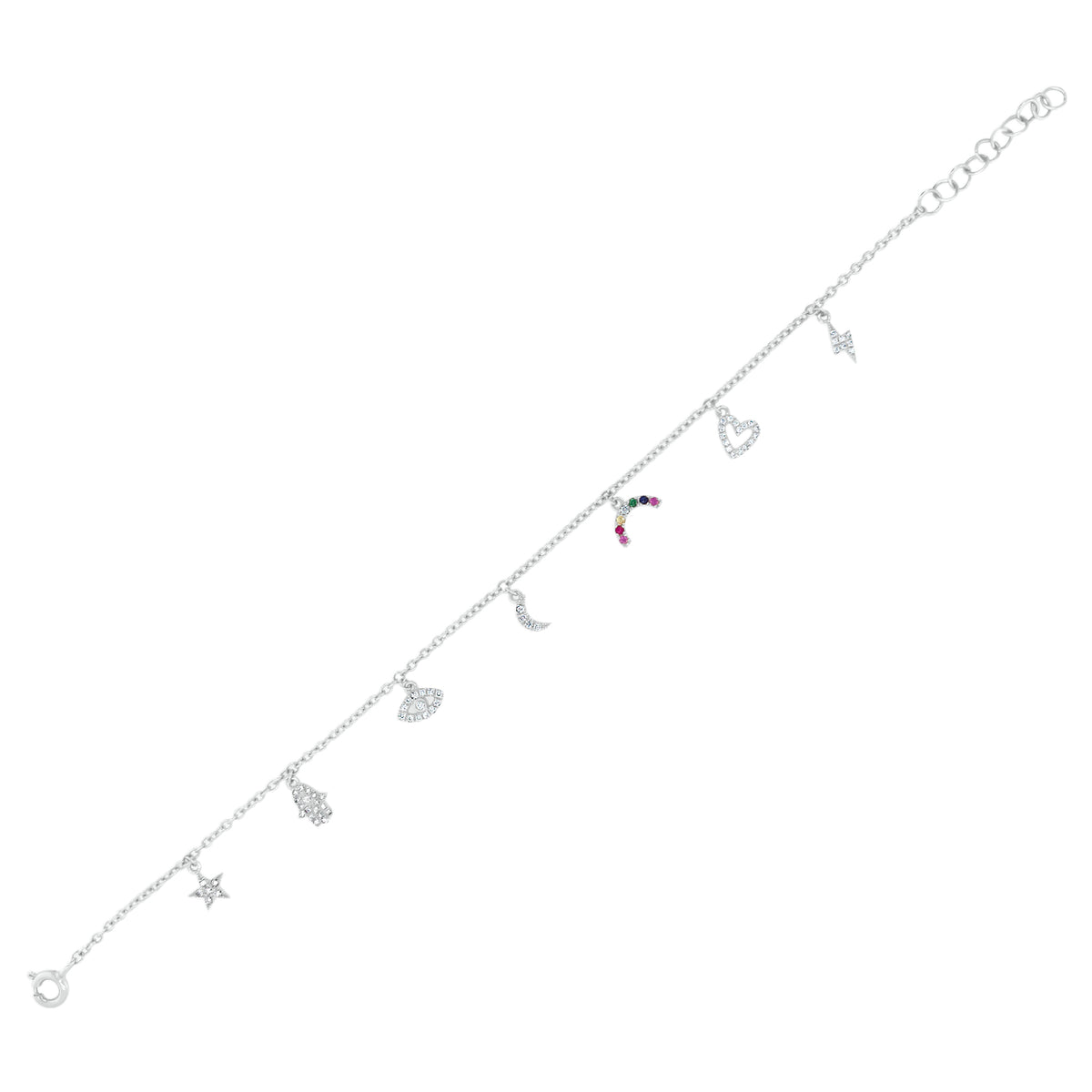 Diamond & Multicolor Gemstone Whimsical Charm Bracelet - white gold 14KTY 2.19GR - 66RD - 0.18 total carat weight (diamonds) - 6 Gems - 0.06 total carat weight (multicolor gems)