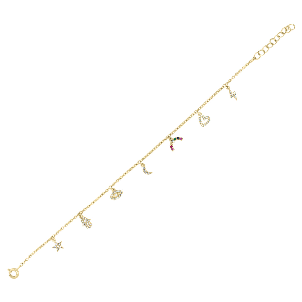 Diamond & Multicolor Gemstone Whimsical Charm Bracelet - yellow gold 14KTY 2.19GR - 66RD - 0.18 total carat weight (diamonds) - 6 Gems - 0.06 total carat weight (multicolor gems)