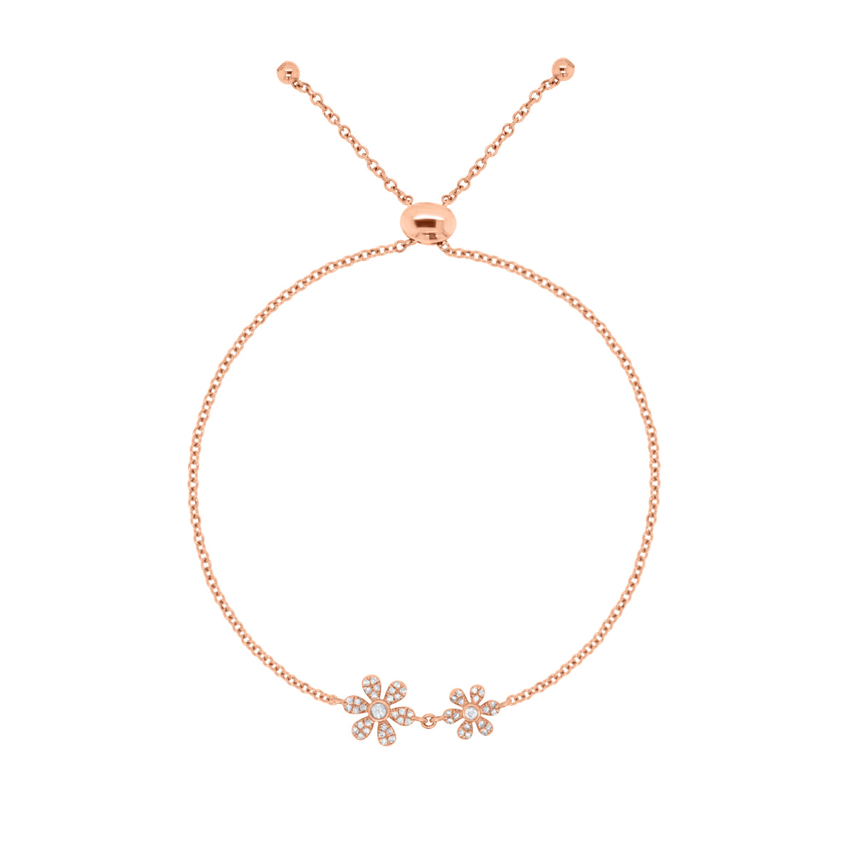 Diamond Adjustable Flower Bracelet -14K rose gold weighing 2.31 grams -52 round diamonds totaling 0.19 carats -Adjustable bead closure