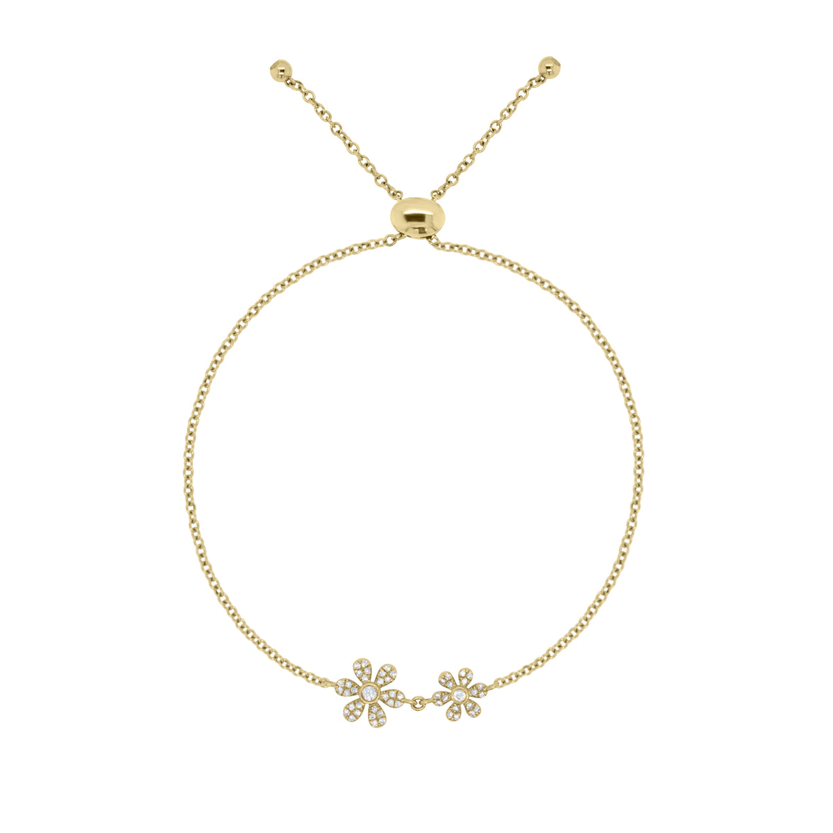 Diamond Adjustable Flower Bracelet -14K yellow gold weighing 2.31 grams -52 round diamonds totaling 0.19 carats -Adjustable bead closure