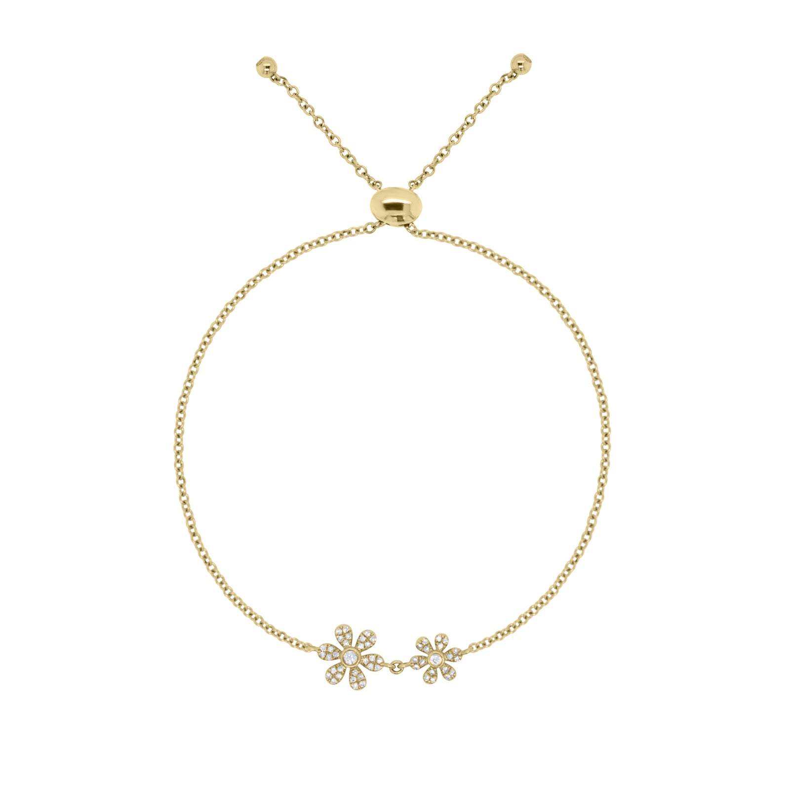 Diamond Adjustable Flower Bracelet -14K yellow gold weighing 2.31 grams -52 round diamonds totaling 0.19 carats -Adjustable bead closure