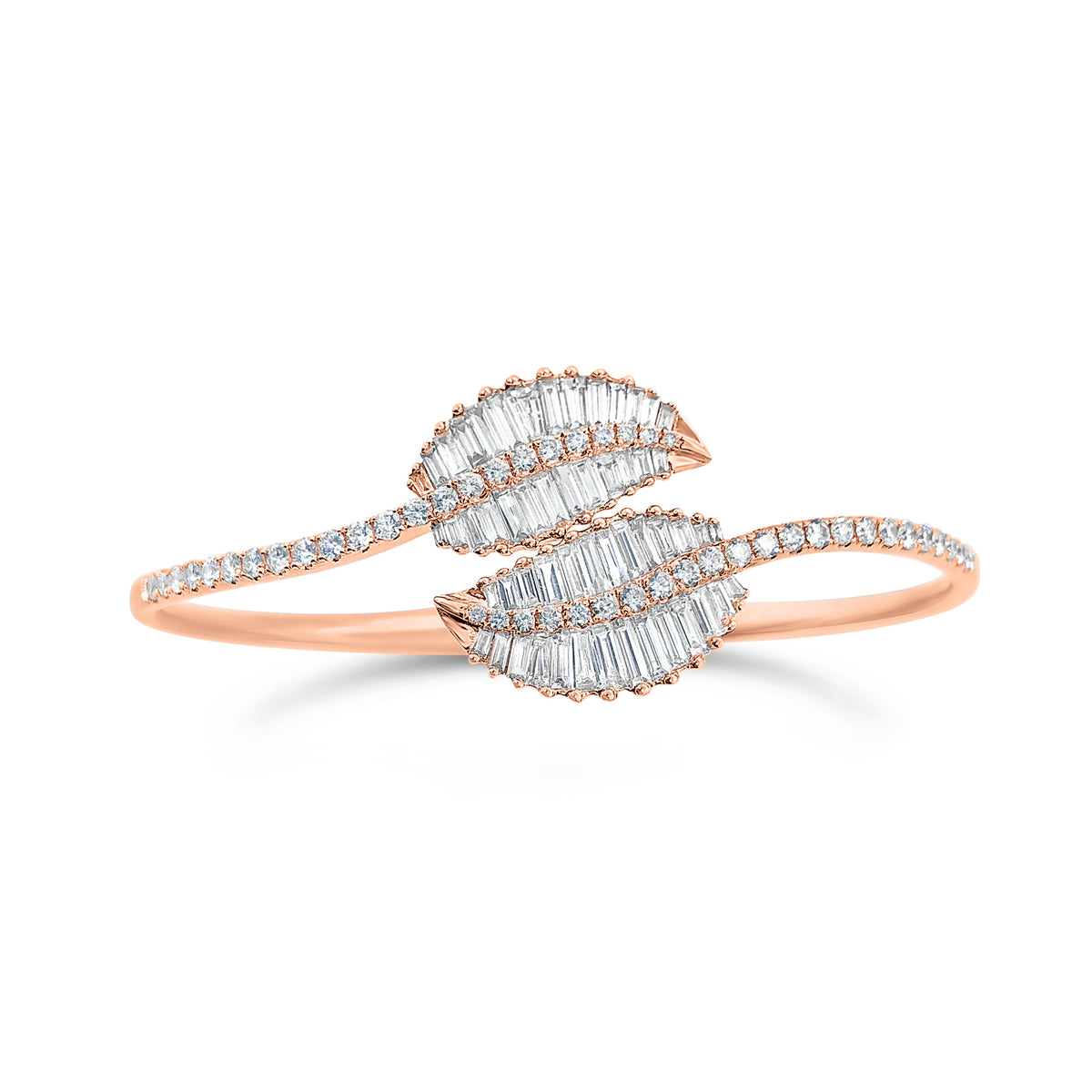 Diamond Bypass Leaf Bangle  - 14kt yellow gold 12.60 grams  - 56 straight baguettes weighing 1.50 ct   - 46 round brilliant cut diamonds weighing 0.83 ct 