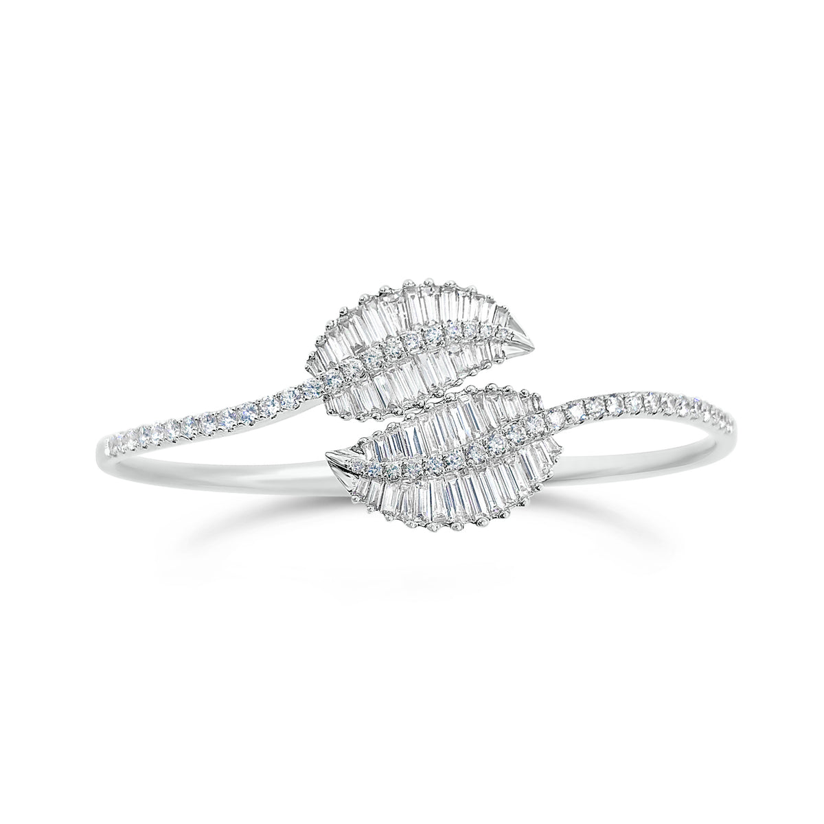 Diamond Bypass Leaf Bangle  - 14kt yellow gold 12.60 grams  - 56 straight baguettes weighing 1.50 ct   - 46 round brilliant cut diamonds weighing 0.83 ct 