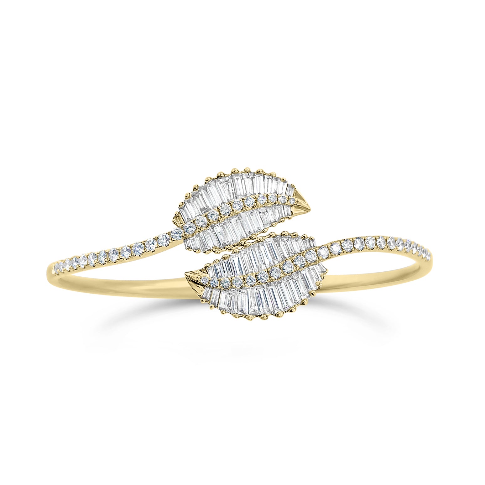 Diamond Bypass Leaf Bangle  - 14kt yellow gold 12.60 grams  - 56 straight baguettes weighing 1.50 ct   - 46 round brilliant cut diamonds weighing 0.83 ct 