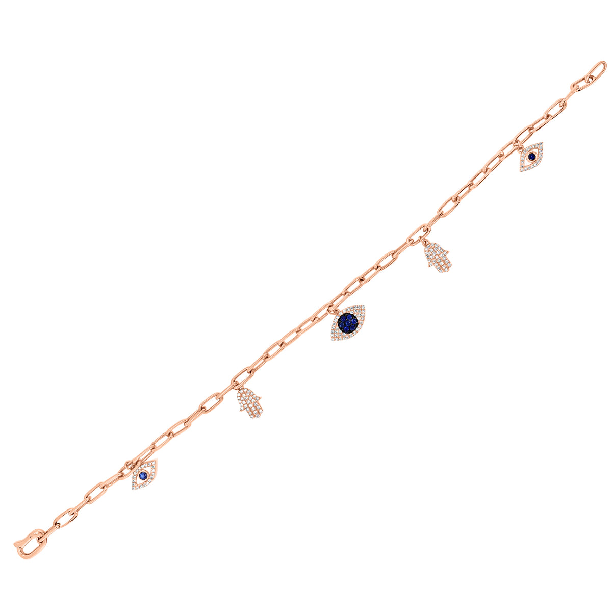 Diamond & Sapphire Evil-Eye & Hamsa Charm Bracelet -14K gold weighing 5.86 grams -138 round diamonds totaling 0.32 carats -9 sapphires totaling 0.20 carats