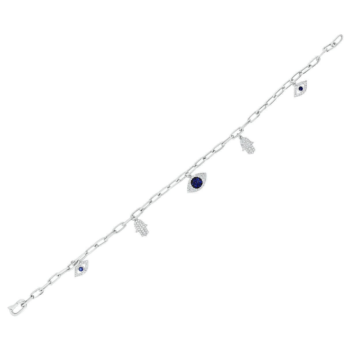 Diamond & Sapphire Evil-Eye & Hamsa Charm Bracelet -14K gold weighing 5.86 grams -138 round diamonds totaling 0.32 carats -9 sapphires totaling 0.20 carats
