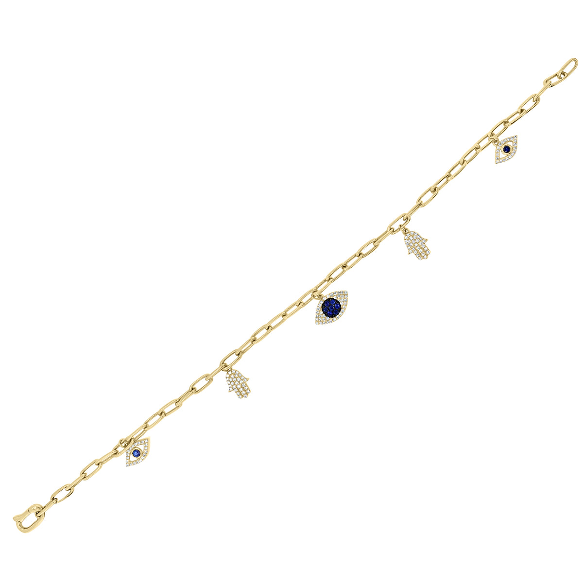 Diamond & Sapphire Evil-Eye & Hamsa Charm Bracelet -14K gold weighing 5.86 grams -138 round diamonds totaling 0.32 carats -9 sapphires totaling 0.20 carats