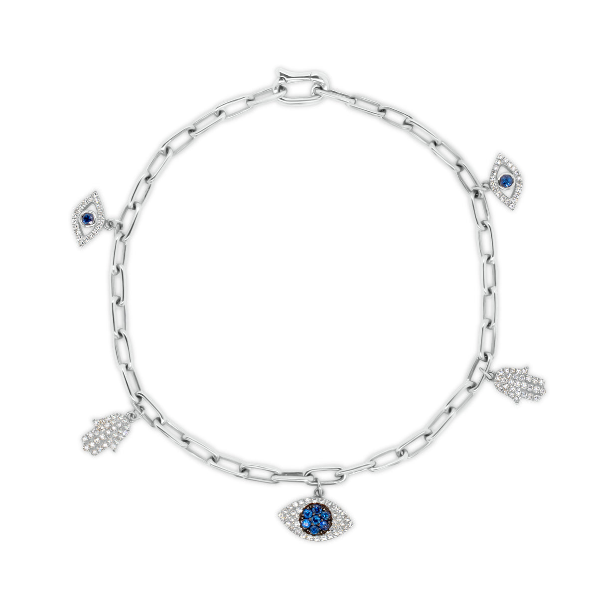 Diamond & Sapphire Evil-Eye & Hamsa Charm Bracelet -14K gold weighing 5.86 grams -138 round diamonds totaling 0.32 carats -9 sapphires totaling 0.20 carats
