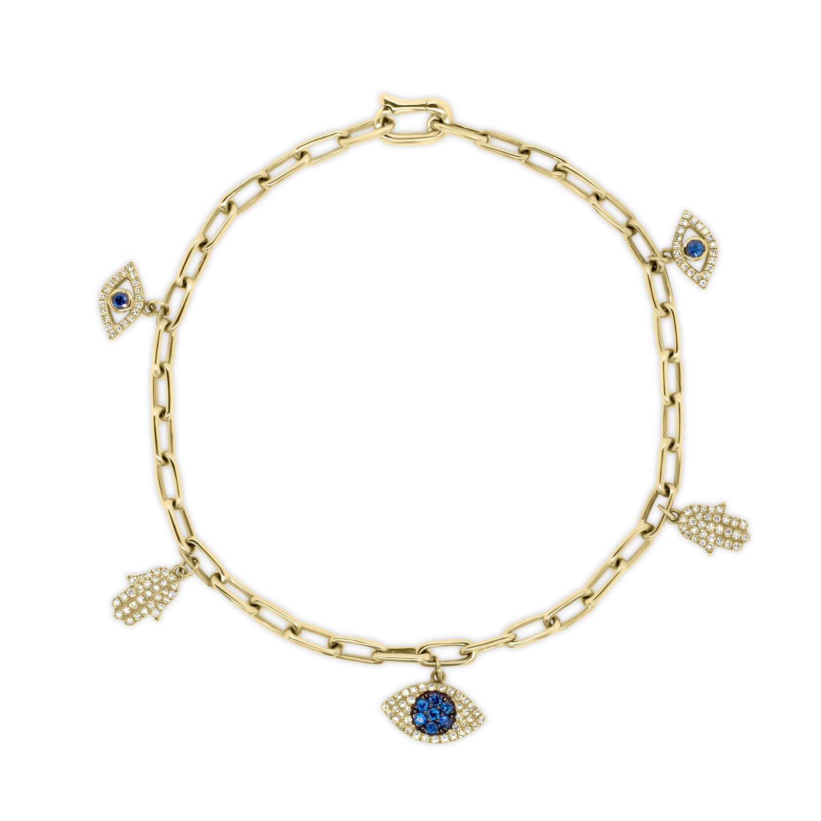 Diamond & Sapphire Evil-Eye & Hamsa Charm Bracelet -14K gold weighing 5.86 grams -138 round diamonds totaling 0.32 carats -9 sapphires totaling 0.20 carats