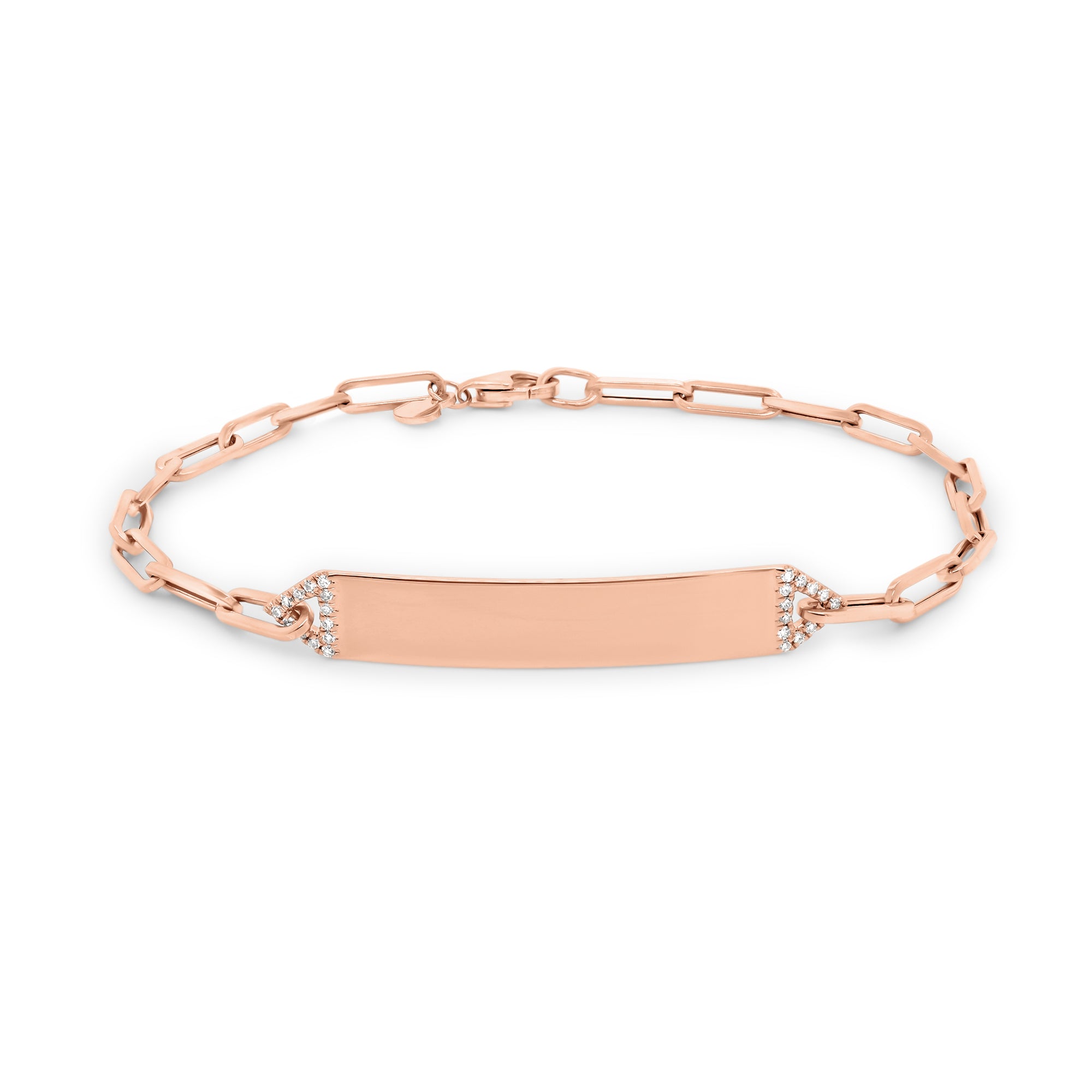Diamond ID Bracelet with Paperclip Chain - 14K rose gold weighing 3.21 grams - 26 round diamonds totaling 0.07 carats