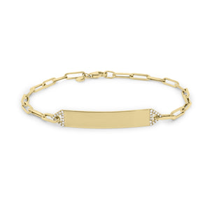 Diamond ID Bracelet with Paperclip Chain - 14K yellow gold weighing 3.21 grams - 26 round diamonds totaling 0.07 carats
