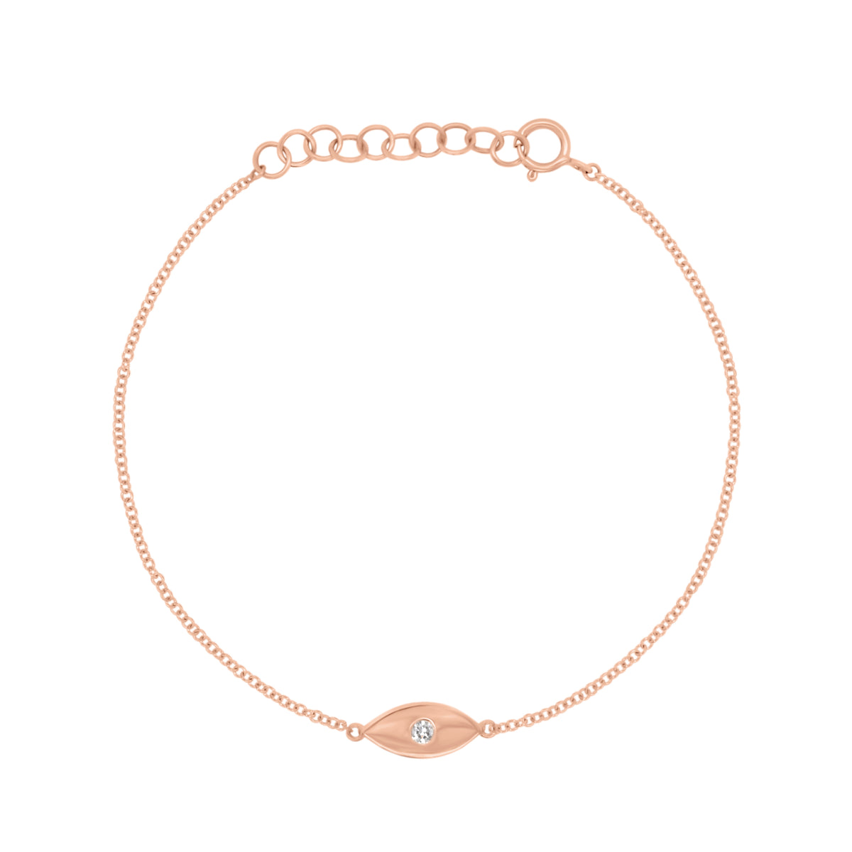 Diamond & Gold Evil Eye Bracelet - 14K rose gold weighing 1.18 grams - 0.03 ct round diamond