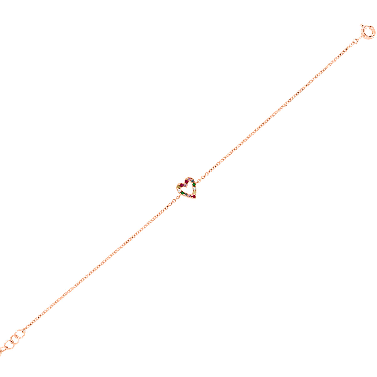 Multicolor Gemstone Open Heart Bracelet - 14K rose gold weighing 1.01 grams - 2 round diamonds totaling 0.02 carats - 12 multicolor gemstones totaling 0.10 carats.