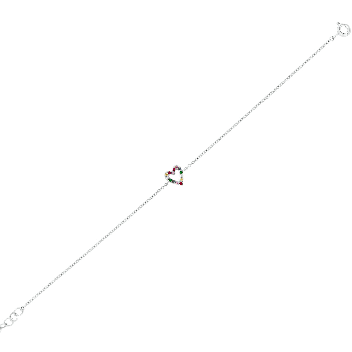 Multicolor Gemstone Open Heart Bracelet - 14K white gold weighing 1.01 grams - 2 round diamonds totaling 0.02 carats - 12 multicolor gemstones totaling 0.10 carats. 