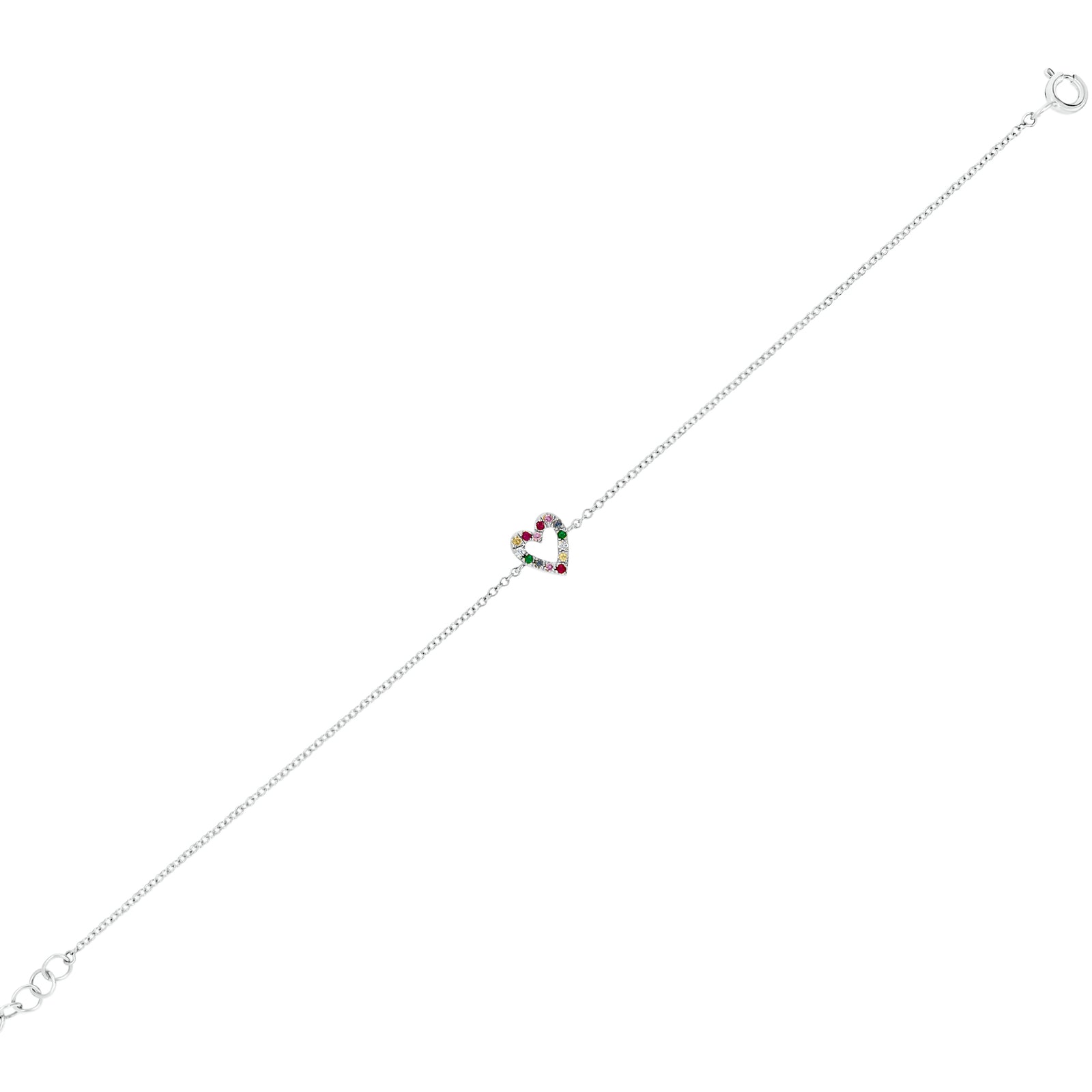 Multicolor Gemstone Open Heart Bracelet - 14K yellow gold weighing 1.01 grams - 2 round diamonds totaling 0.02 carats - 12 multicolor gemstones totaling 0.10 carats.