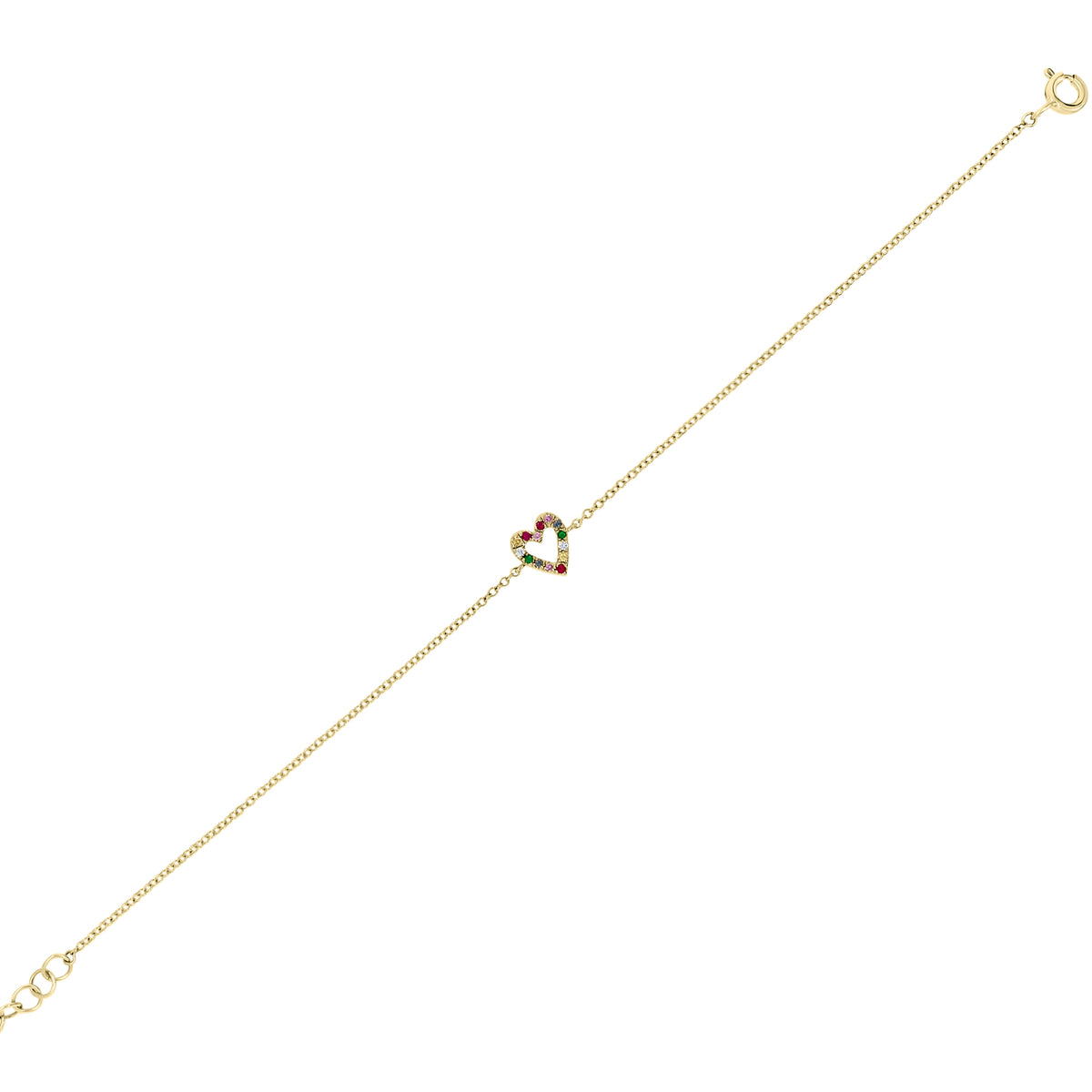 Multicolor Gemstone Open Heart Bracelet - 14K yellow gold weighing 1.01 grams - 2 round diamonds totaling 0.02 carats - 12 multicolor gemstones totaling 0.10 carats.