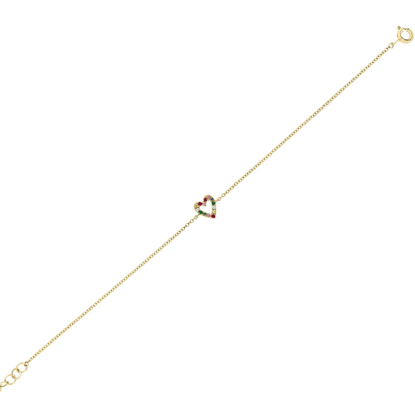 Multicolor Gemstone Open Heart Bracelet - 14K yellow gold weighing 1.01 grams - 2 round diamonds totaling 0.02 carats - 12 multicolor gemstones totaling 0.10 carats.