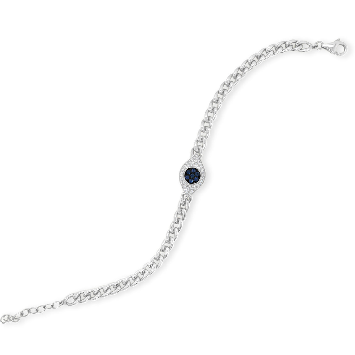 Sapphire & Diamond Evil Eye Curb Chain Bracelet -14K gold weighing 7.35 grams -52 round diamonds totaling 0.14 carats -7 sapphires totaling 0.15 carats