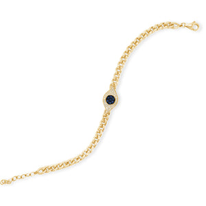 Sapphire & Diamond Evil Eye Curb Chain Bracelet -14K gold weighing 7.35 grams -52 round diamonds totaling 0.14 carats -7 sapphires totaling 0.15 carats