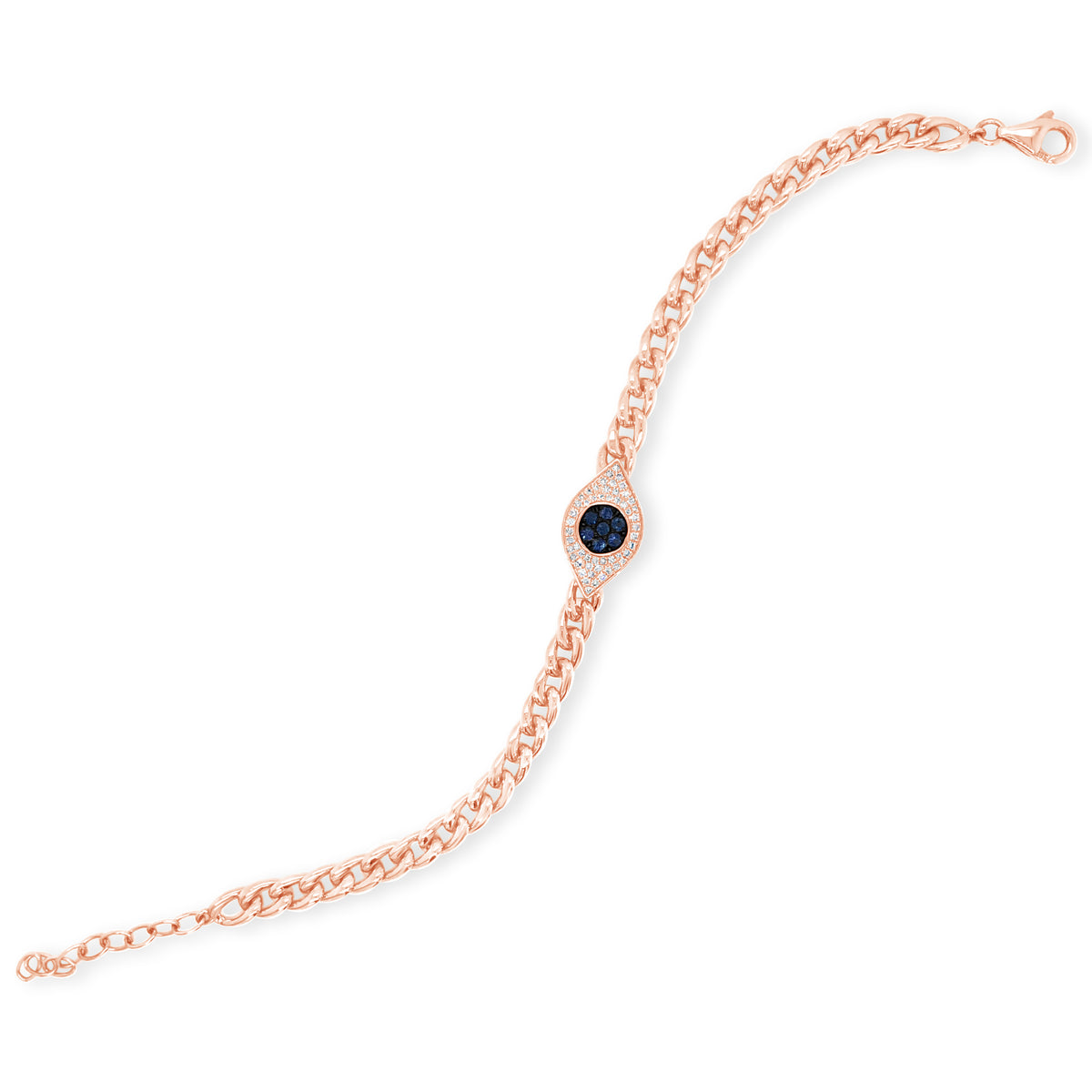 Sapphire & Diamond Evil Eye Curb Chain Bracelet -14K gold weighing 7.35 grams -52 round diamonds totaling 0.14 carats -7 sapphires totaling 0.15 carats