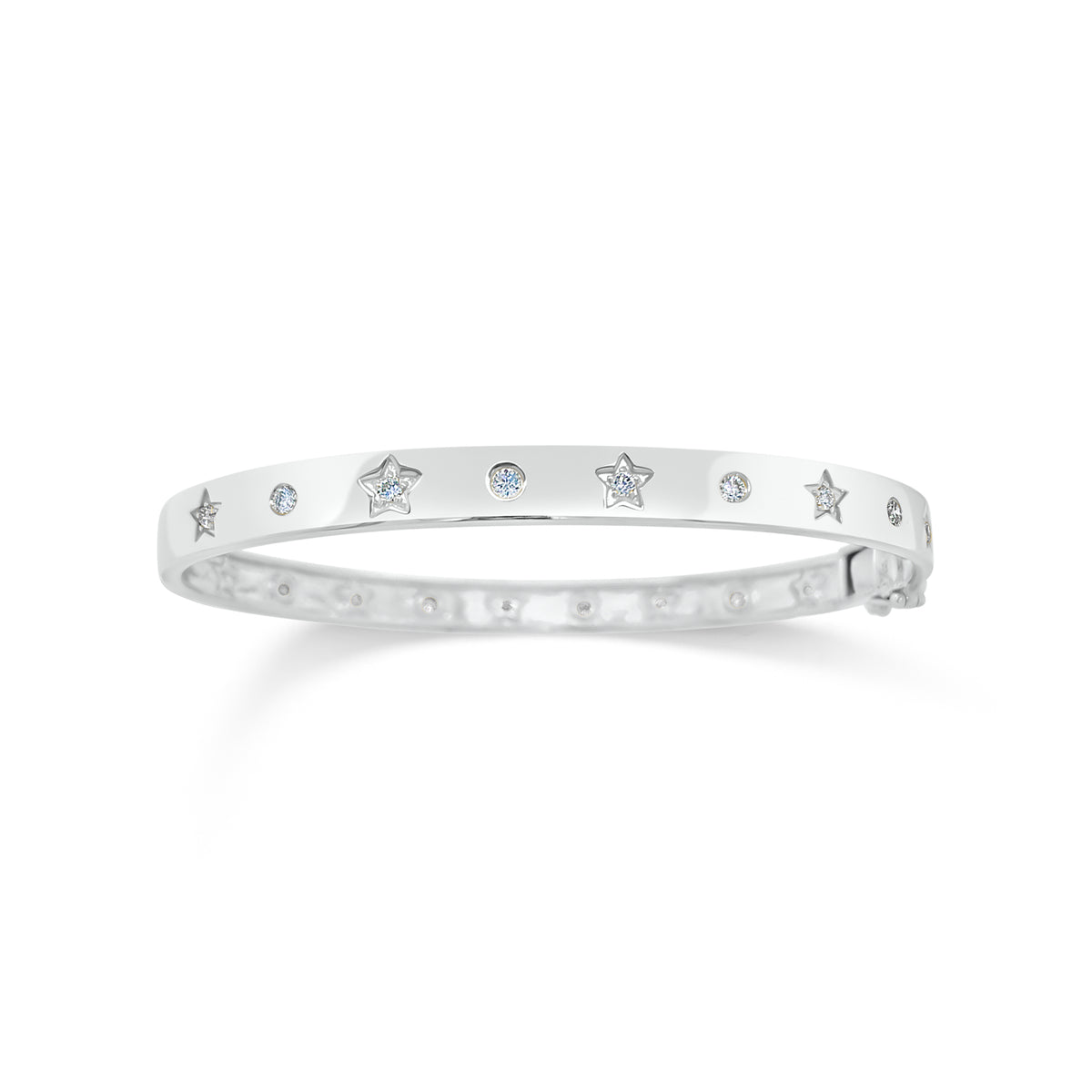 Diamond Stars & Circles Bangle  - 14K gold weighting 11.53 grams.  - 18 round diamonds totaling 0.37 carat weight.