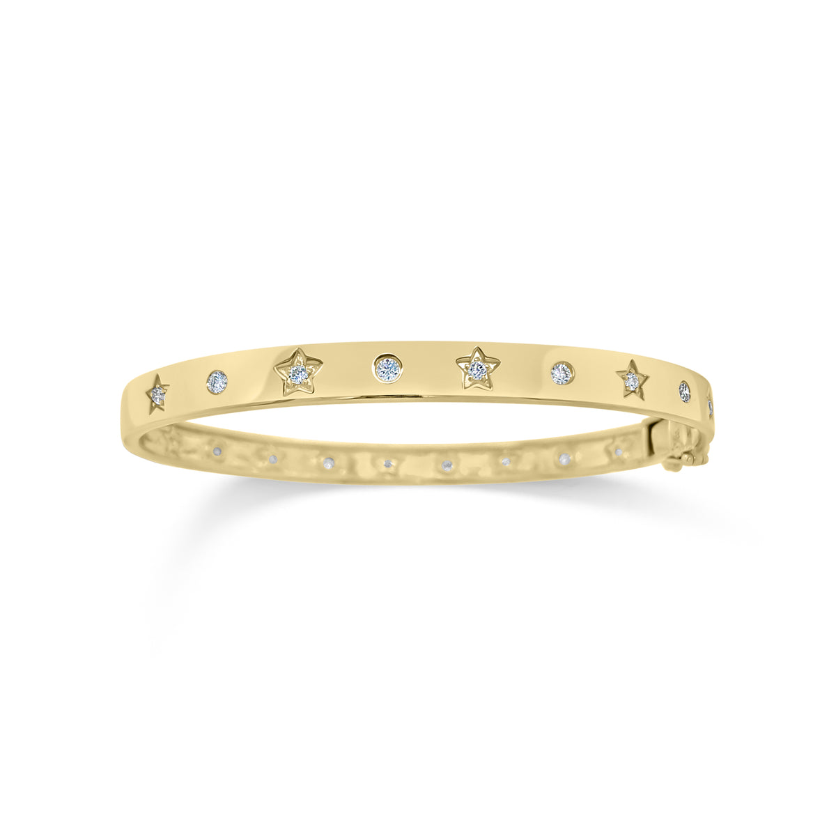 Diamond Stars & Circles Bangle  - 14K gold weighting 11.53 grams.  - 18 round diamonds totaling 0.37 carat weight.
