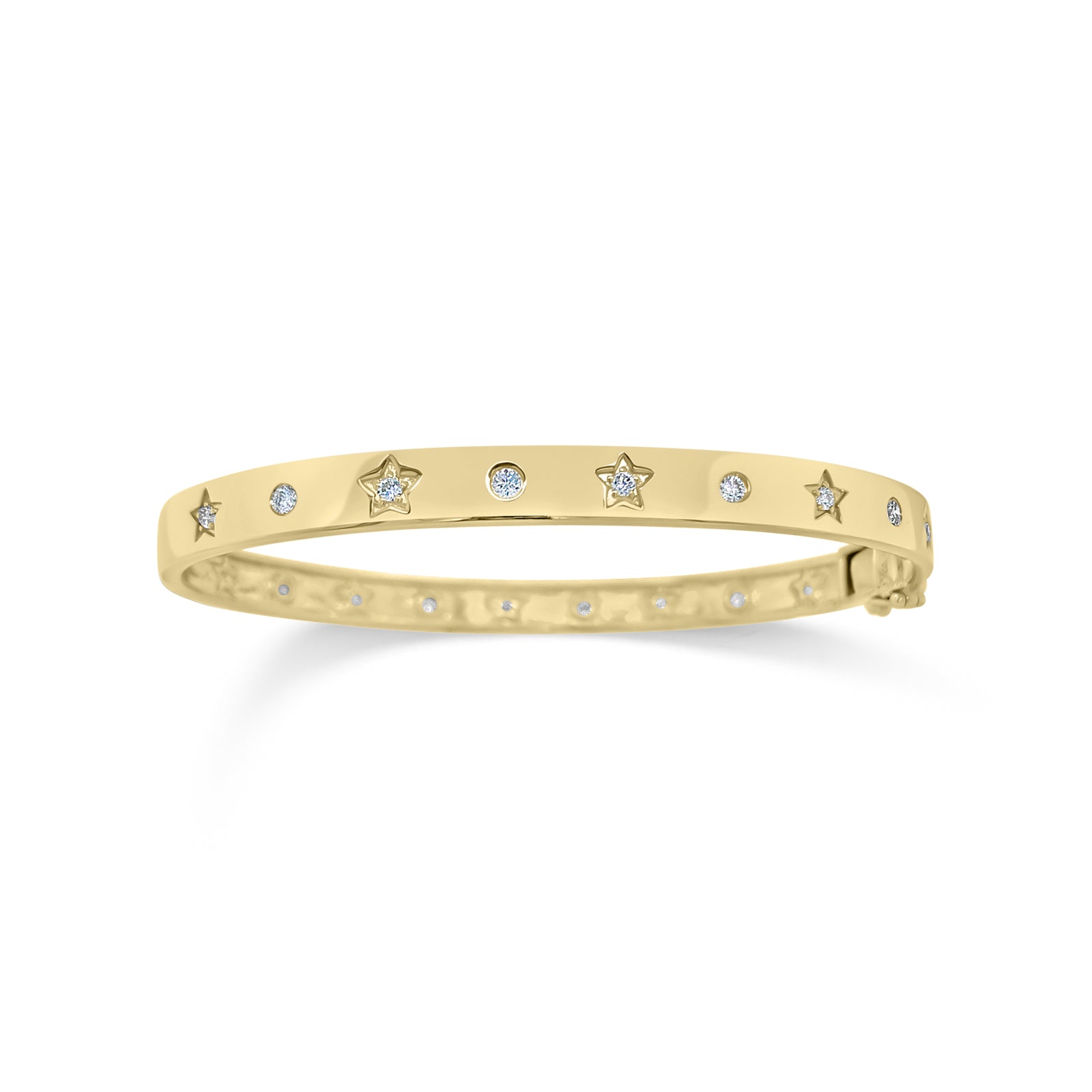 Diamond Stars & Circles Bangle  - 14K gold weighting 11.53 grams.  - 18 round diamonds totaling 0.37 carat weight.