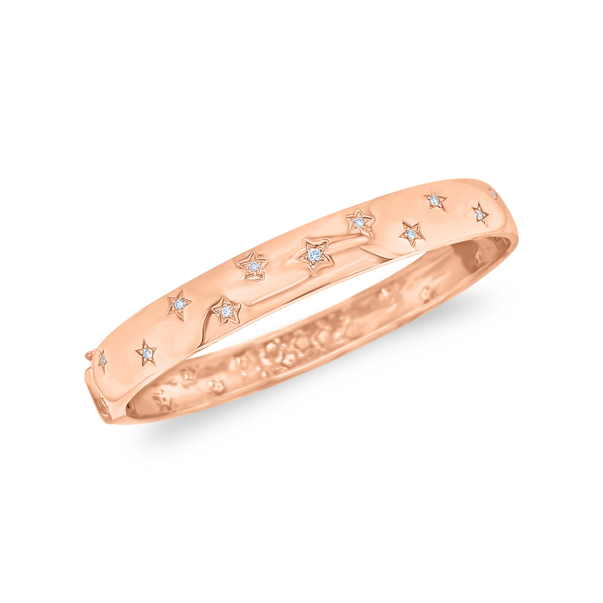 Diamond Star Bangle  - 14K gold weighing 16.16 grams  - 35 round diamonds totaling 0.29 carats