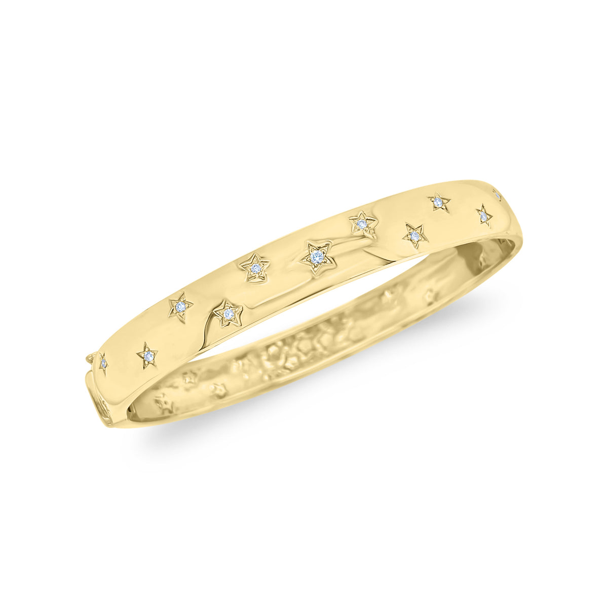 Diamond Star Bangle  - 14K gold weighing 16.16 grams  - 35 round diamonds totaling 0.29 carats