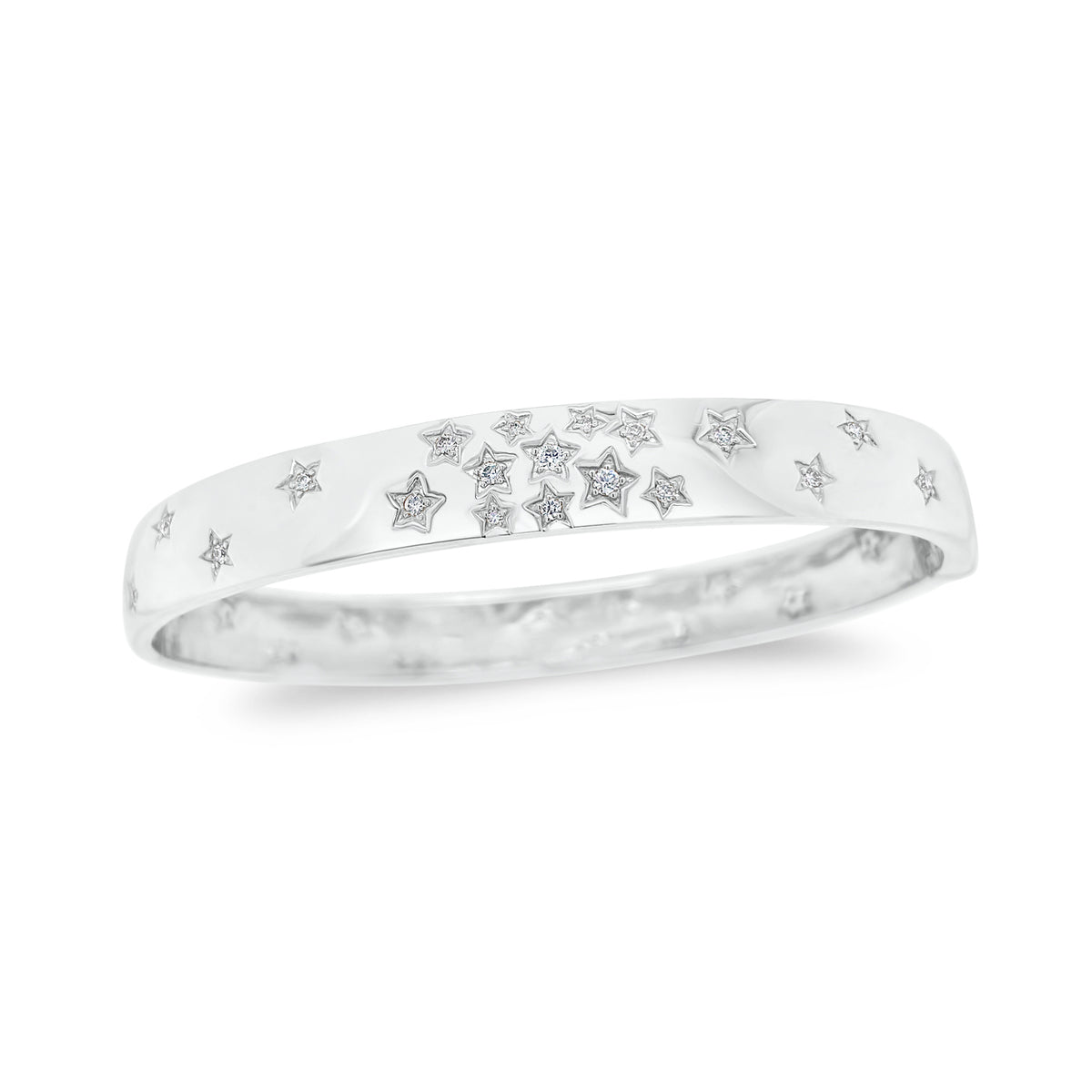 Diamond Star Bangle  - 14K gold weighing 16.16 grams  - 35 round diamonds totaling 0.29 carats