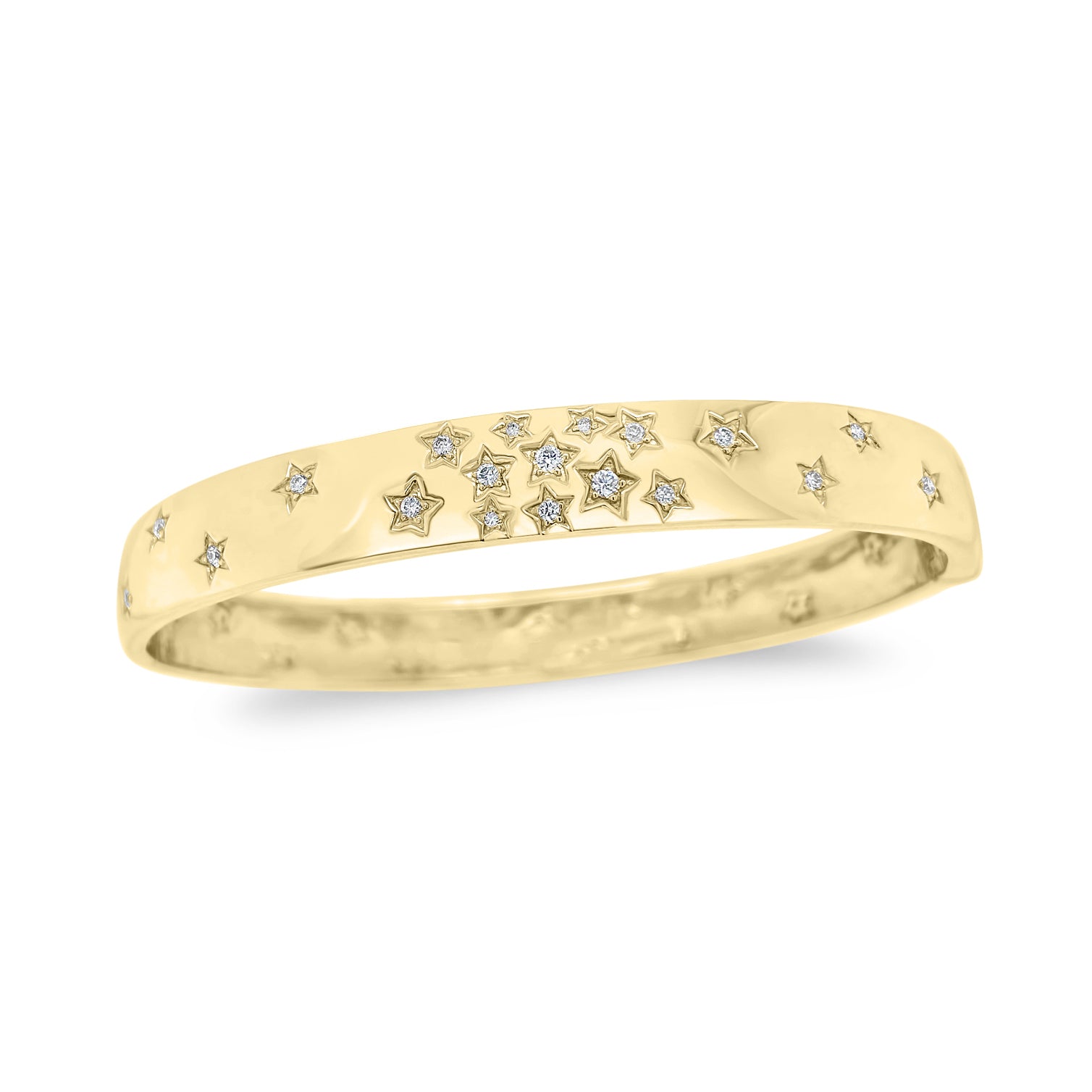 Diamond Star Bangle  - 14K gold weighing 16.16 grams  - 35 round diamonds totaling 0.29 carats