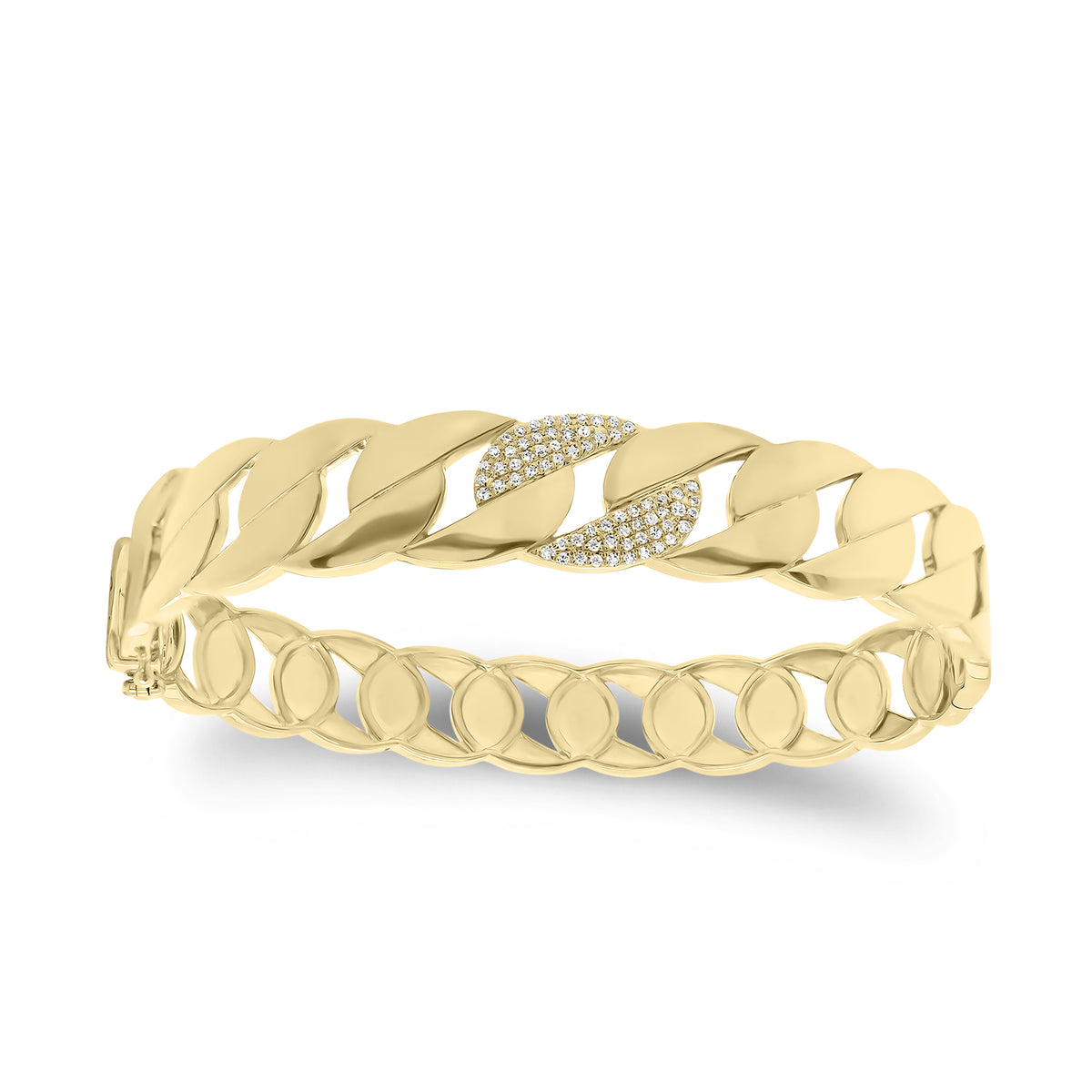 Pave Diamond Chain Link Bangle Bracelet  - 14K gold weighing 17.77 grams  - 66 round diamonds totaling 0.15 carats