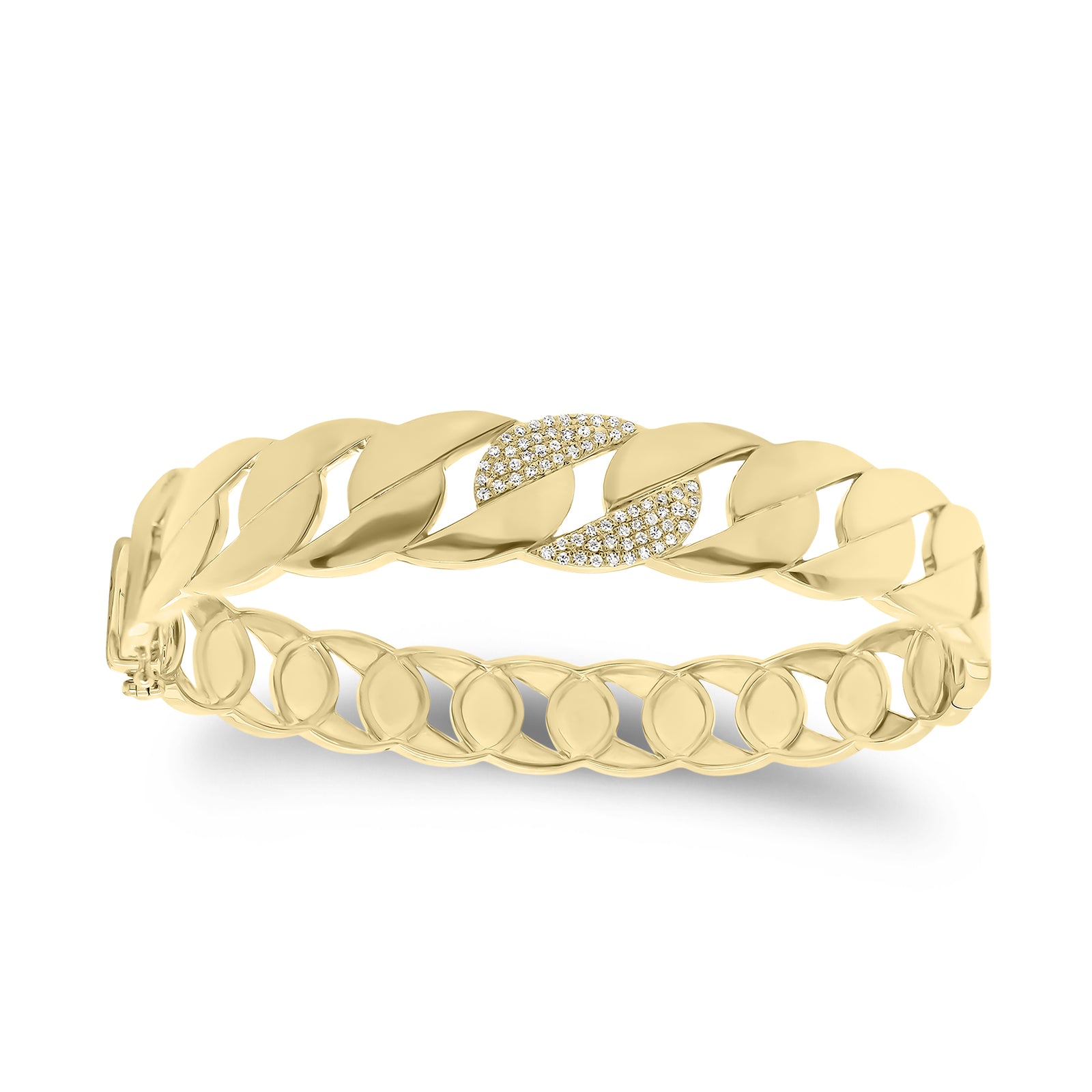 Pave Diamond Chain Link Bangle Bracelet  - 14K gold weighing 17.77 grams  - 66 round diamonds totaling 0.15 carats